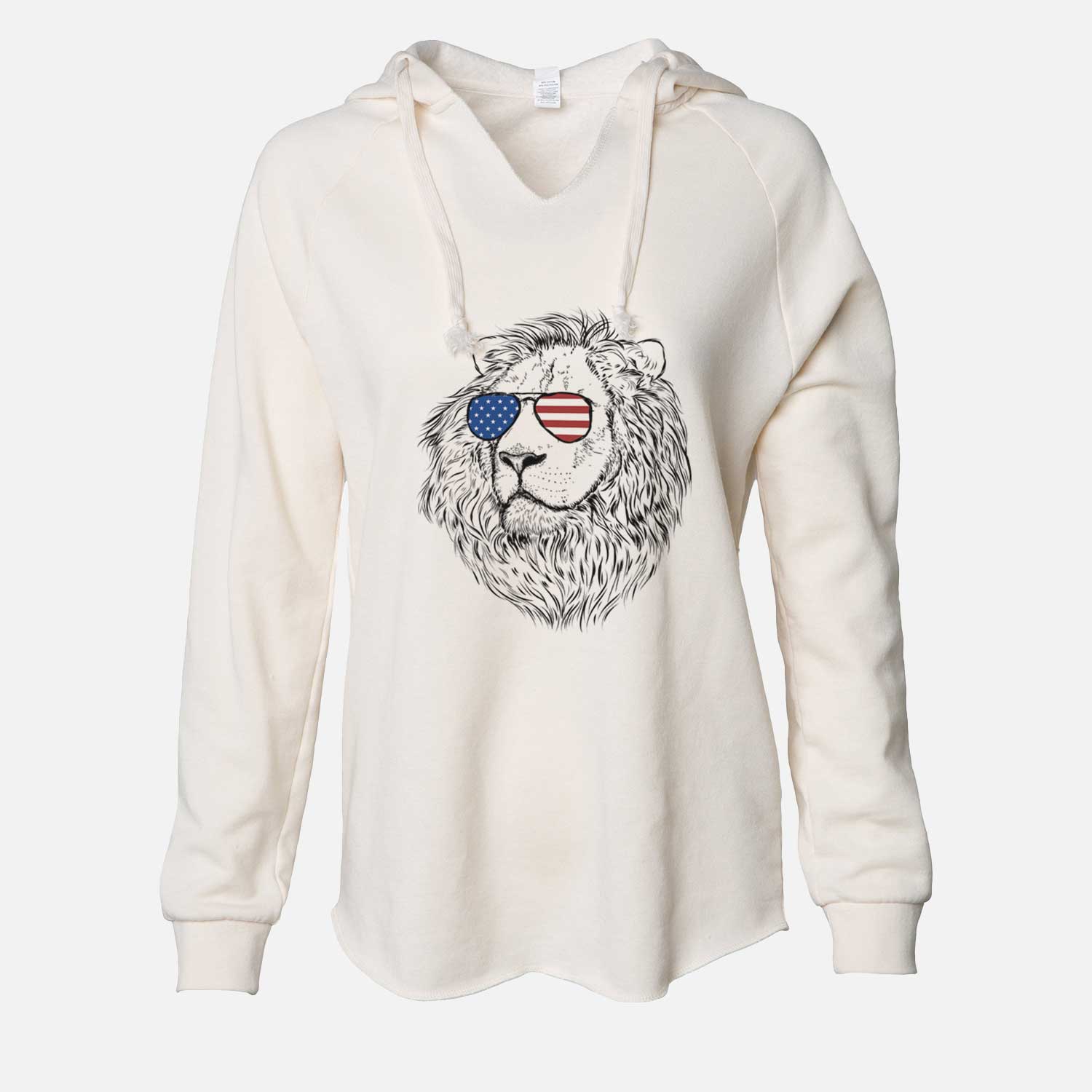 Hand-drawn sketch of Lenny the Lion wearing American flag sunglasses on a Bone Cali Wave Hooded Sweatshirt