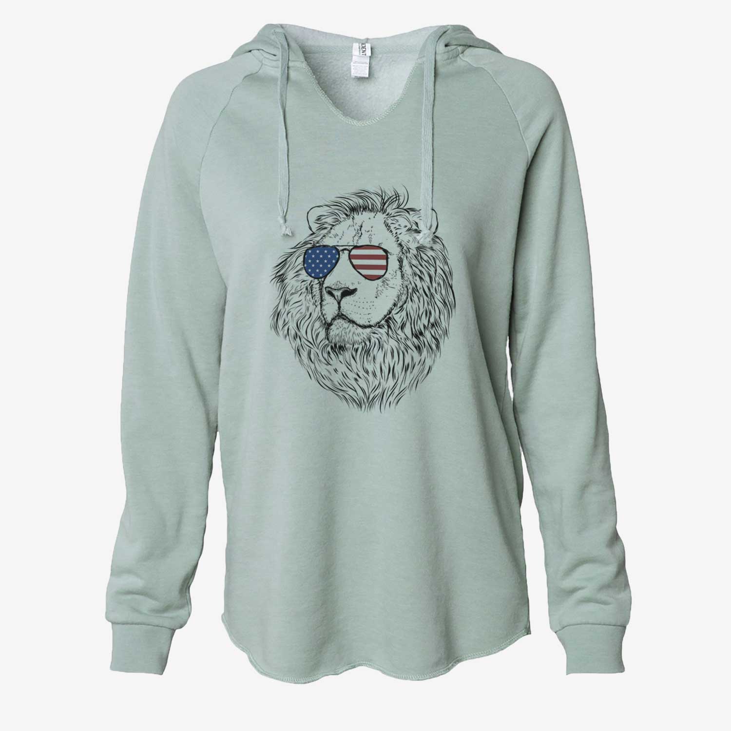 Hand-drawn sketch of Lenny the Lion wearing American flag sunglasses on a Sage Cali Wave Hooded Sweatshirt