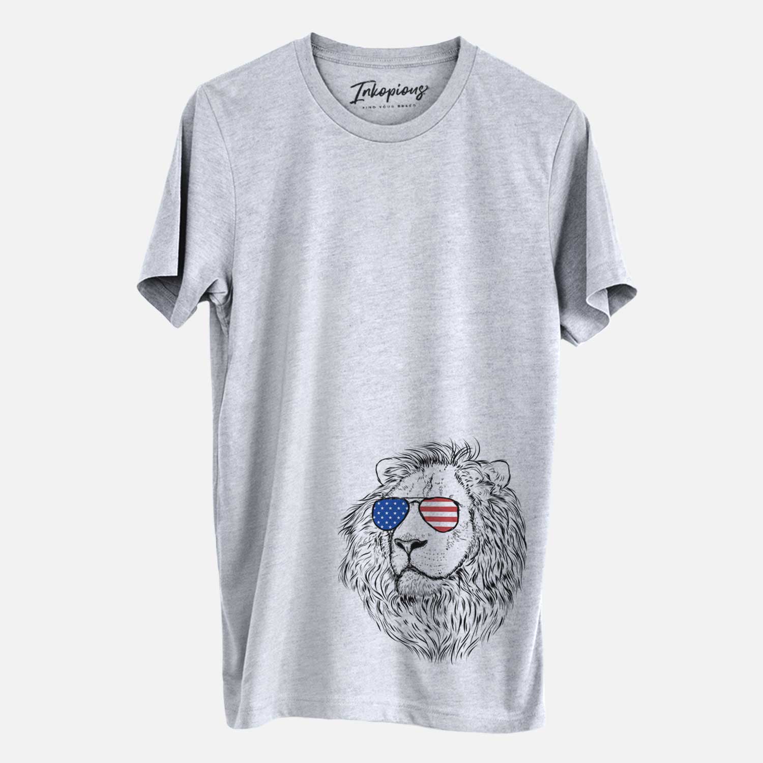 Hand-drawn sketch of Lenny the Lion wearing American flag sunglasses on a Grey Unisex crewneck