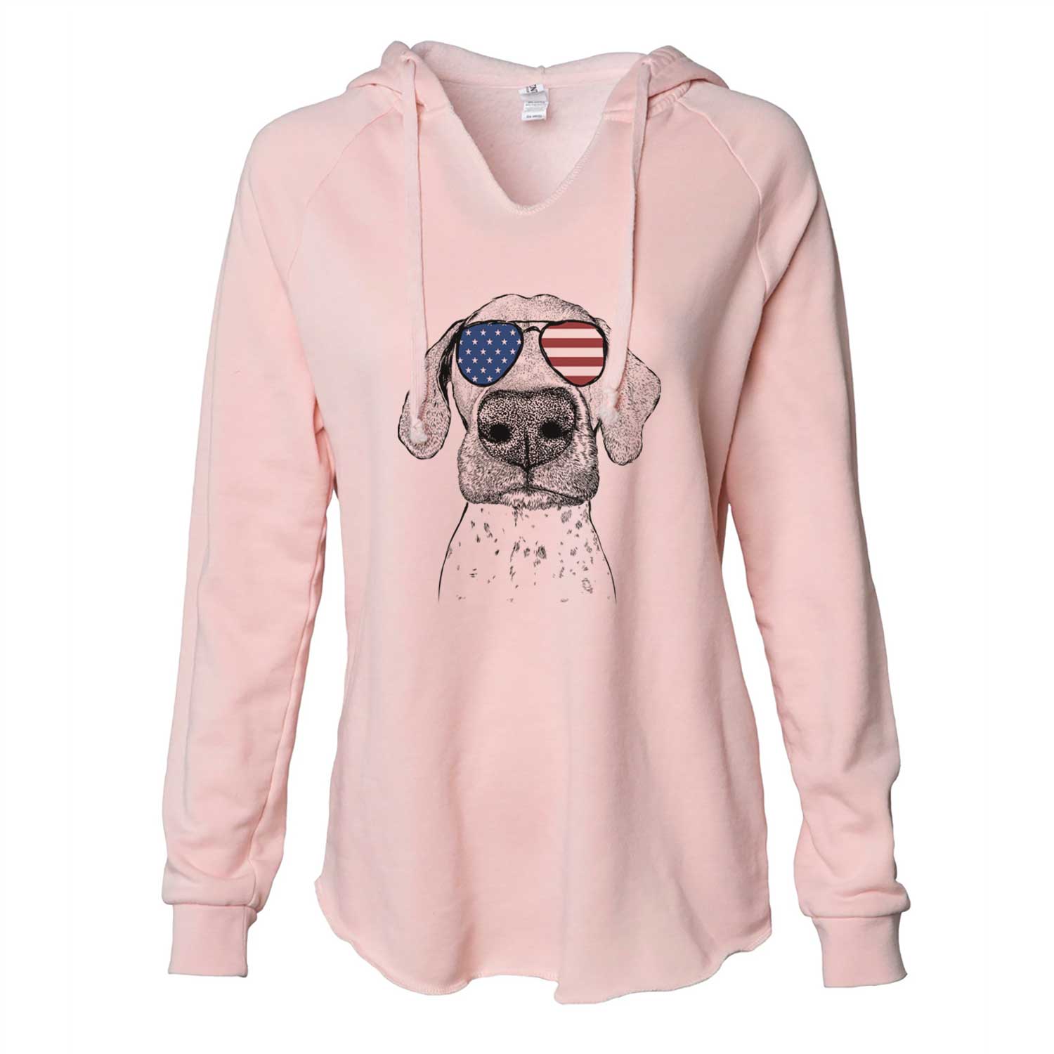 Hand-drawn sketch of Leroy the German Shorthaired Pointer wearing American flag sunglasses on a Blush Cali Wave Hooded Sweatshirt