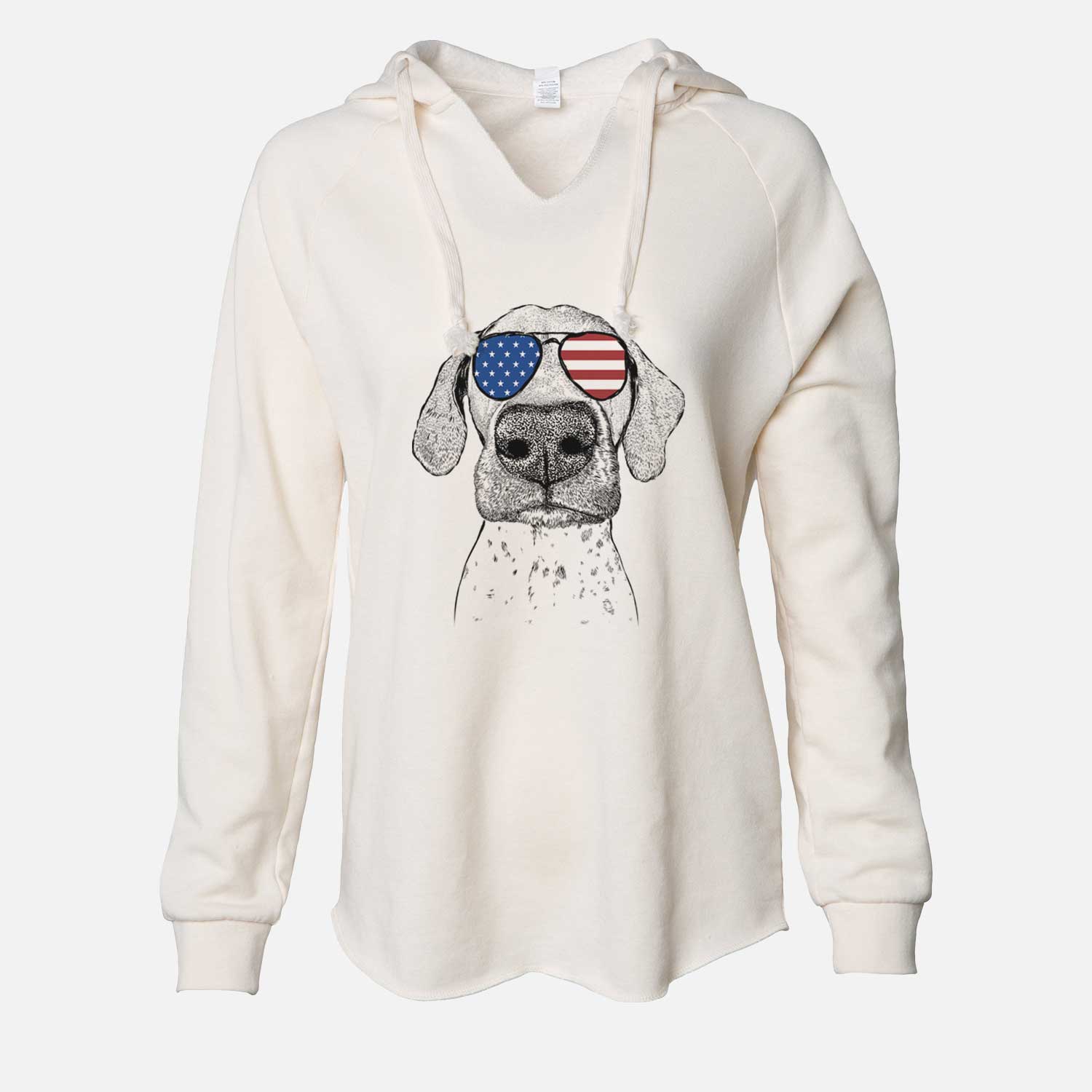 Hand-drawn sketch of Leroy the German Shorthaired Pointer wearing American flag sunglasses on a Bone Cali Wave Hooded Sweatshirt