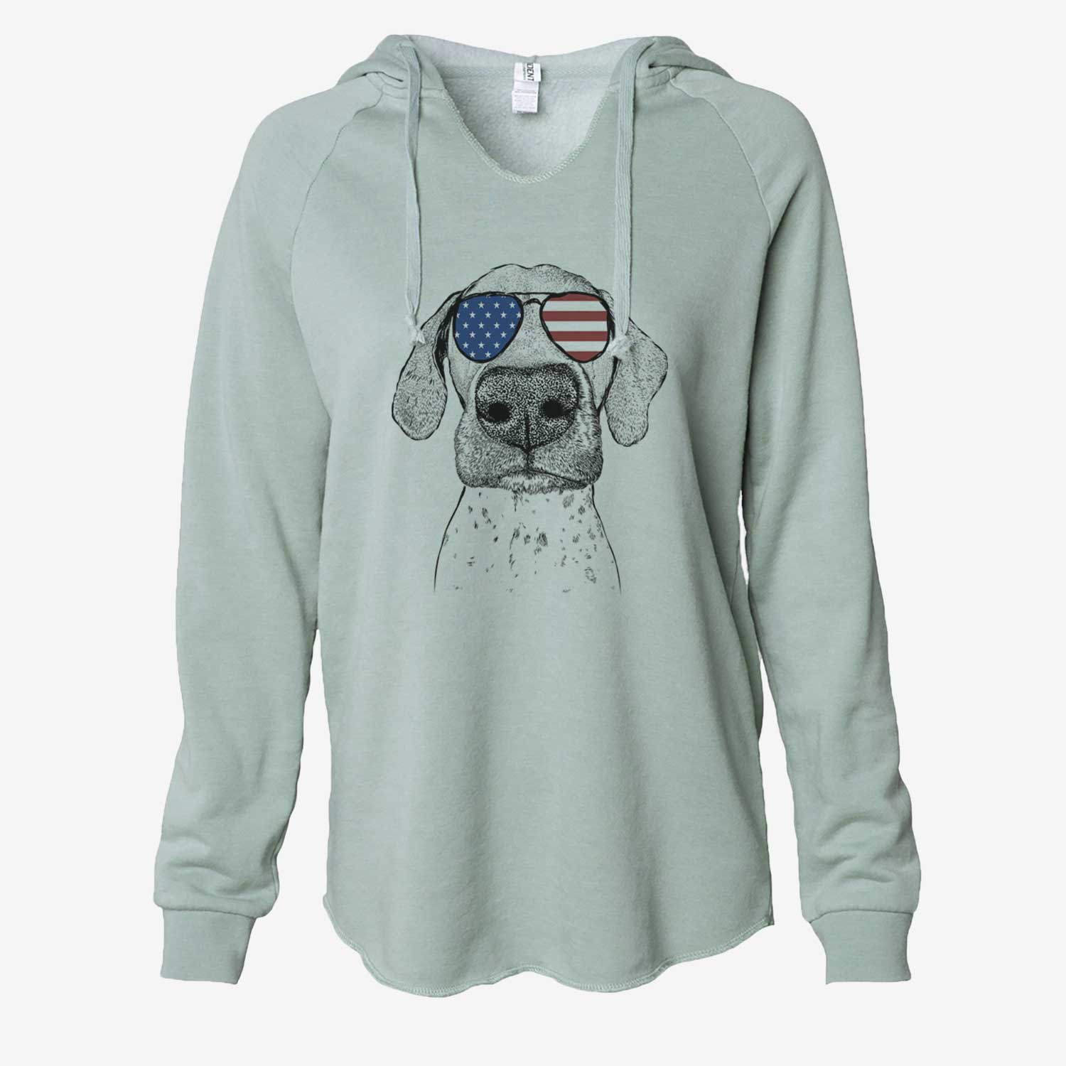 Hand-drawn sketch of Leroy the German Shorthaired Pointer wearing American flag sunglasses on a Sage Cali Wave Hooded Sweatshirt