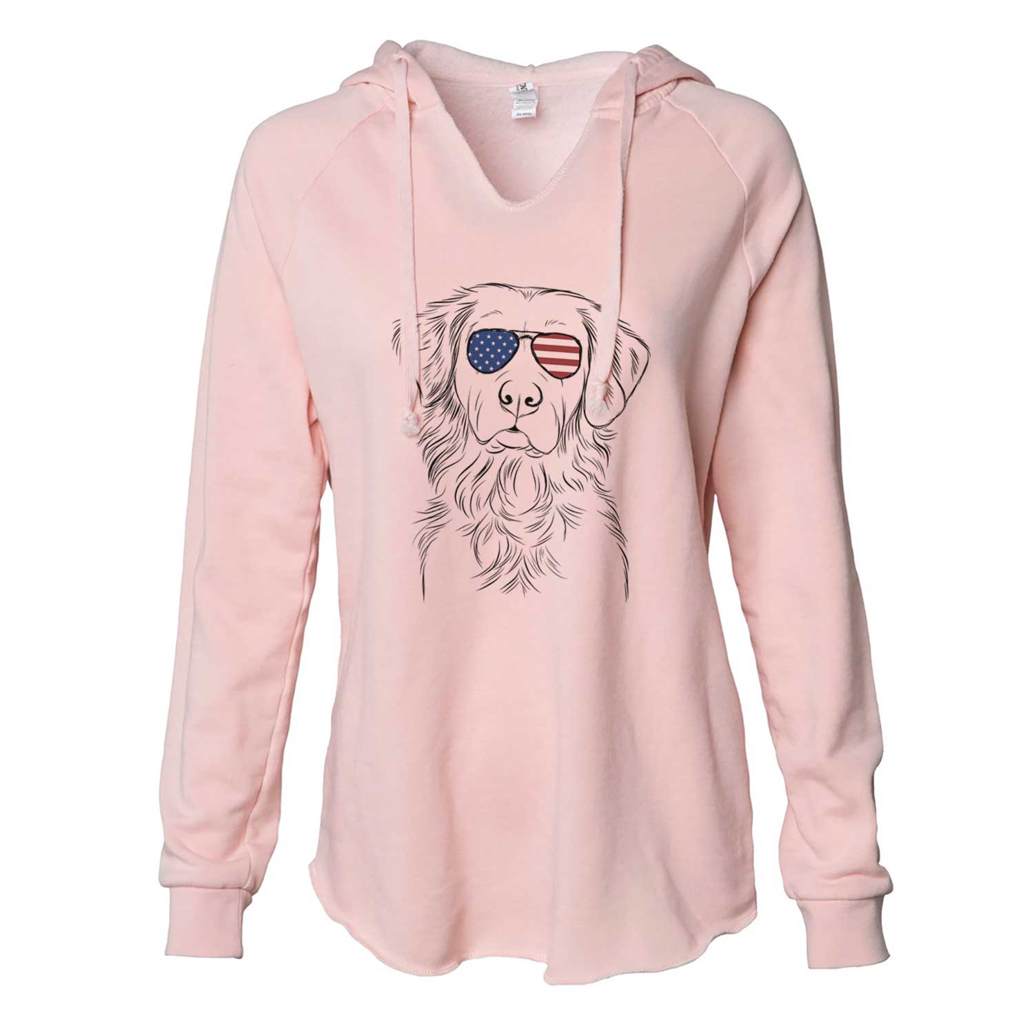 Hand-drawn sketch of Linden the Golden Retriever wearing American flag sunglasses on a Blush Cali Wave Hooded Sweatshirt