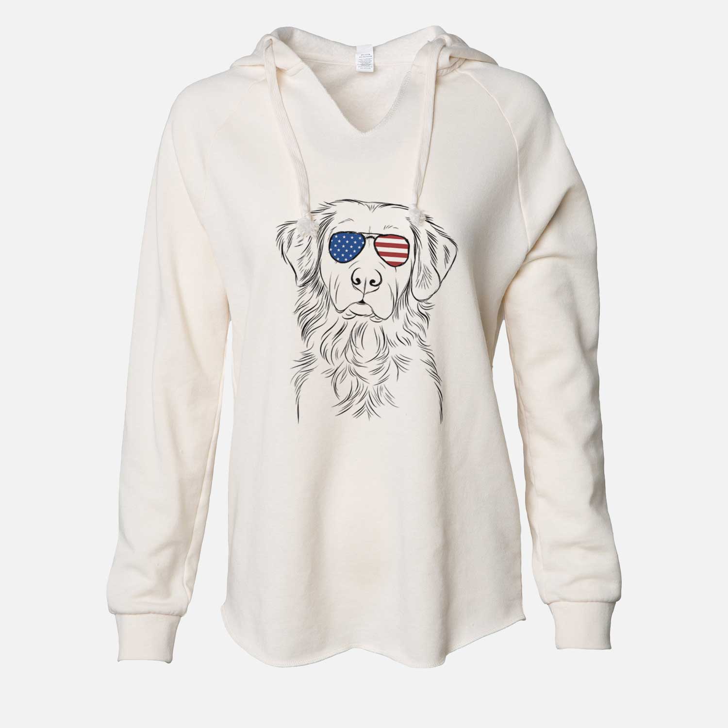 Hand-drawn sketch of Linden the Golden Retriever wearing American flag sunglasses on a Bone Cali Wave Hooded Sweatshirt