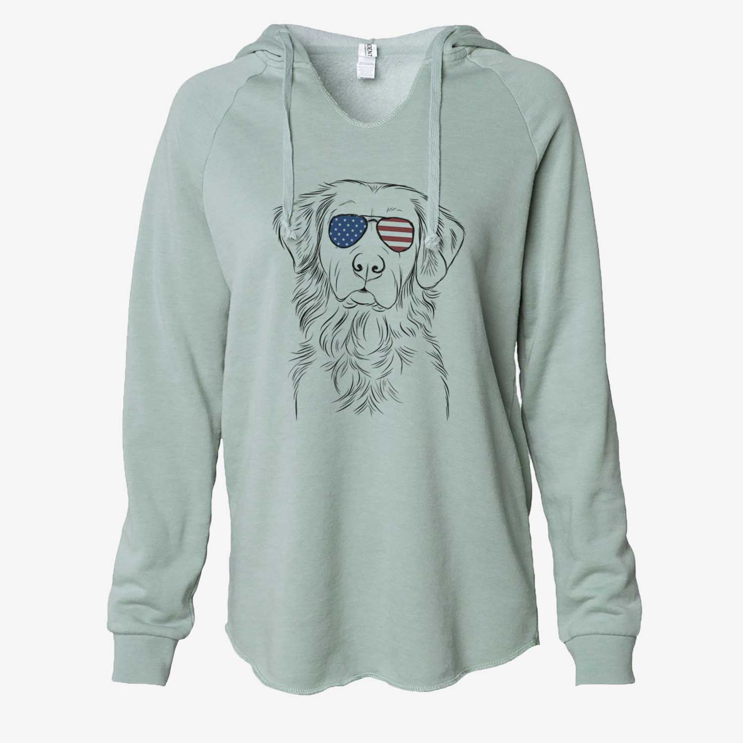 Hand-drawn sketch of Linden the Golden Retriever wearing American flag sunglasses on a Sage Cali Wave Hooded Sweatshirt