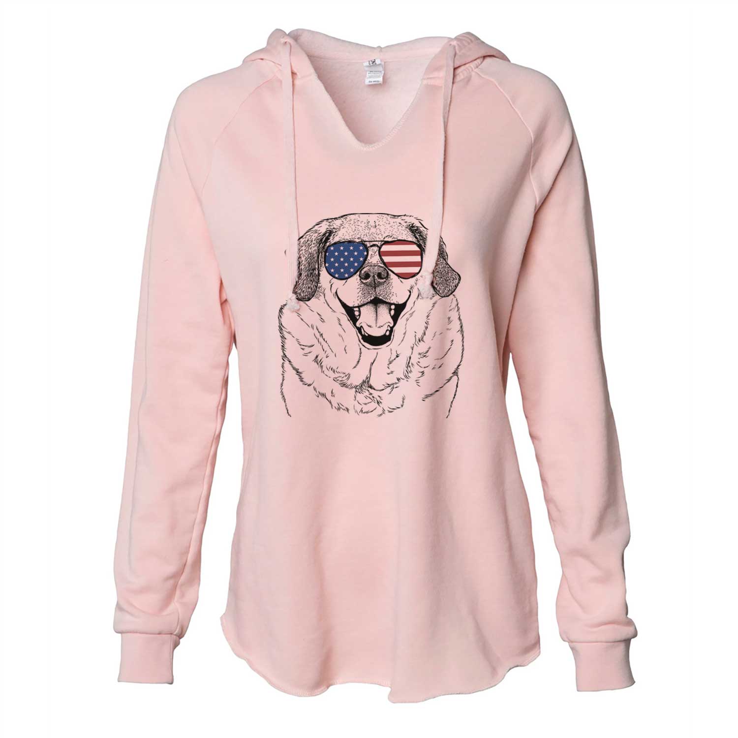 Hand-drawn sketch of Little Man the Puggle wearing American flag sunglasses on a Blush Cali Wave Hooded Sweatshirt