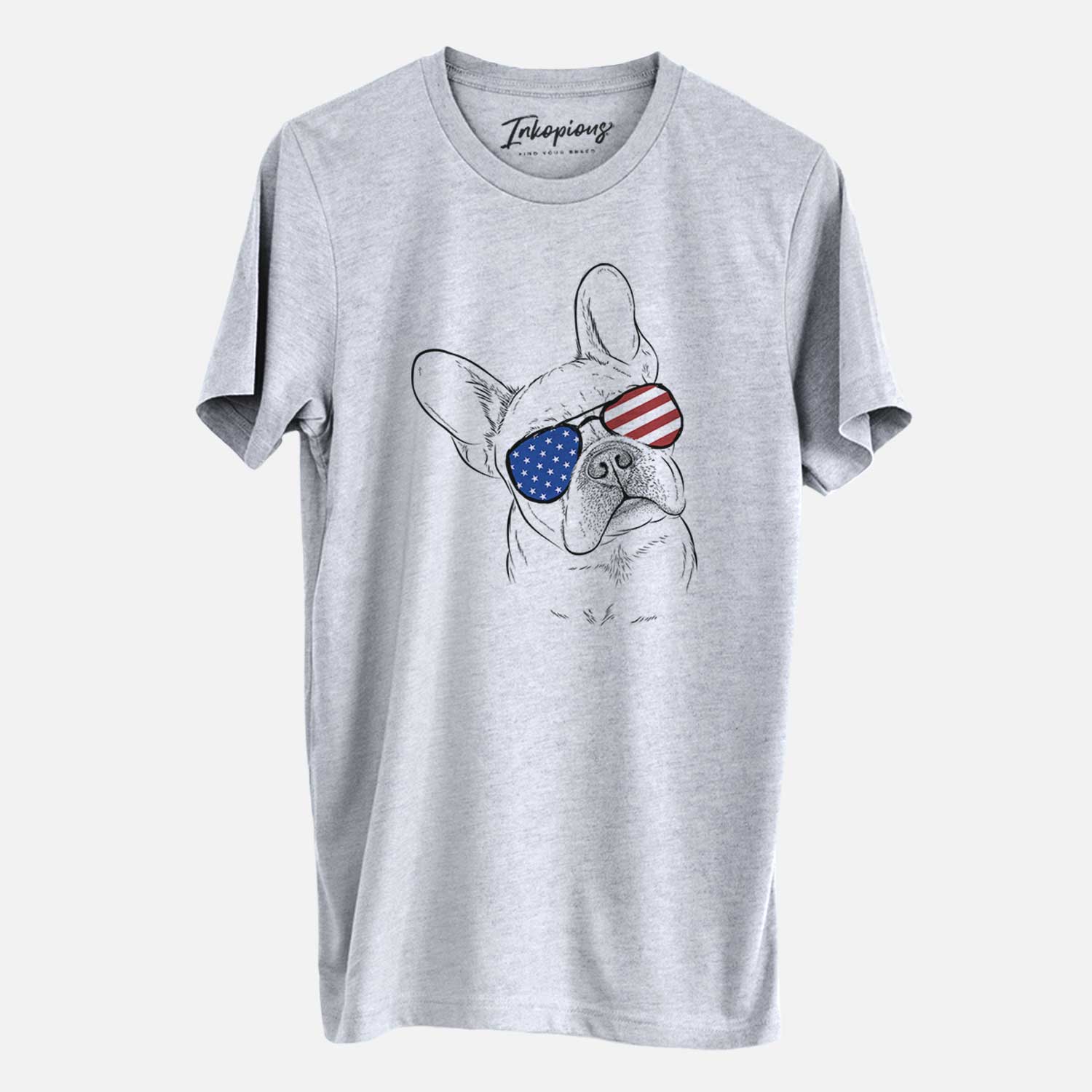 Hand-drawn sketch of Loki the French Bulldog wearing American flag sunglasses on a Grey Unisex crewneck