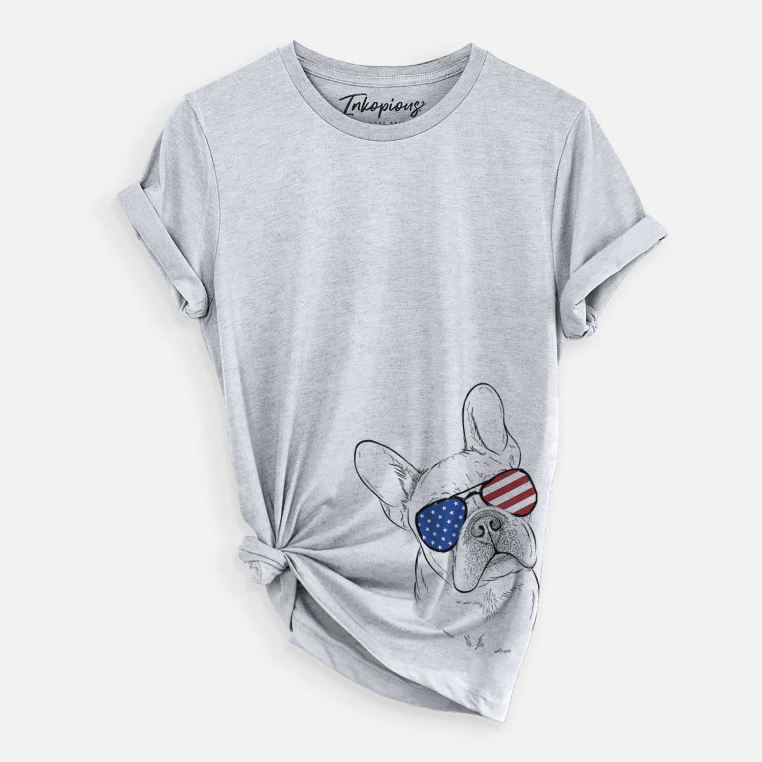 Hand-drawn sketch of Loki the French Bulldog wearing American flag sunglasses on a Grey Unisex crewneck