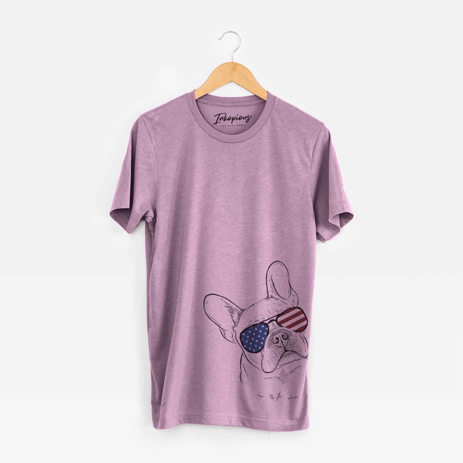 Hand-drawn sketch of Loki the French Bulldog wearing American flag sunglasses on an Orchid Unisex crewneck
