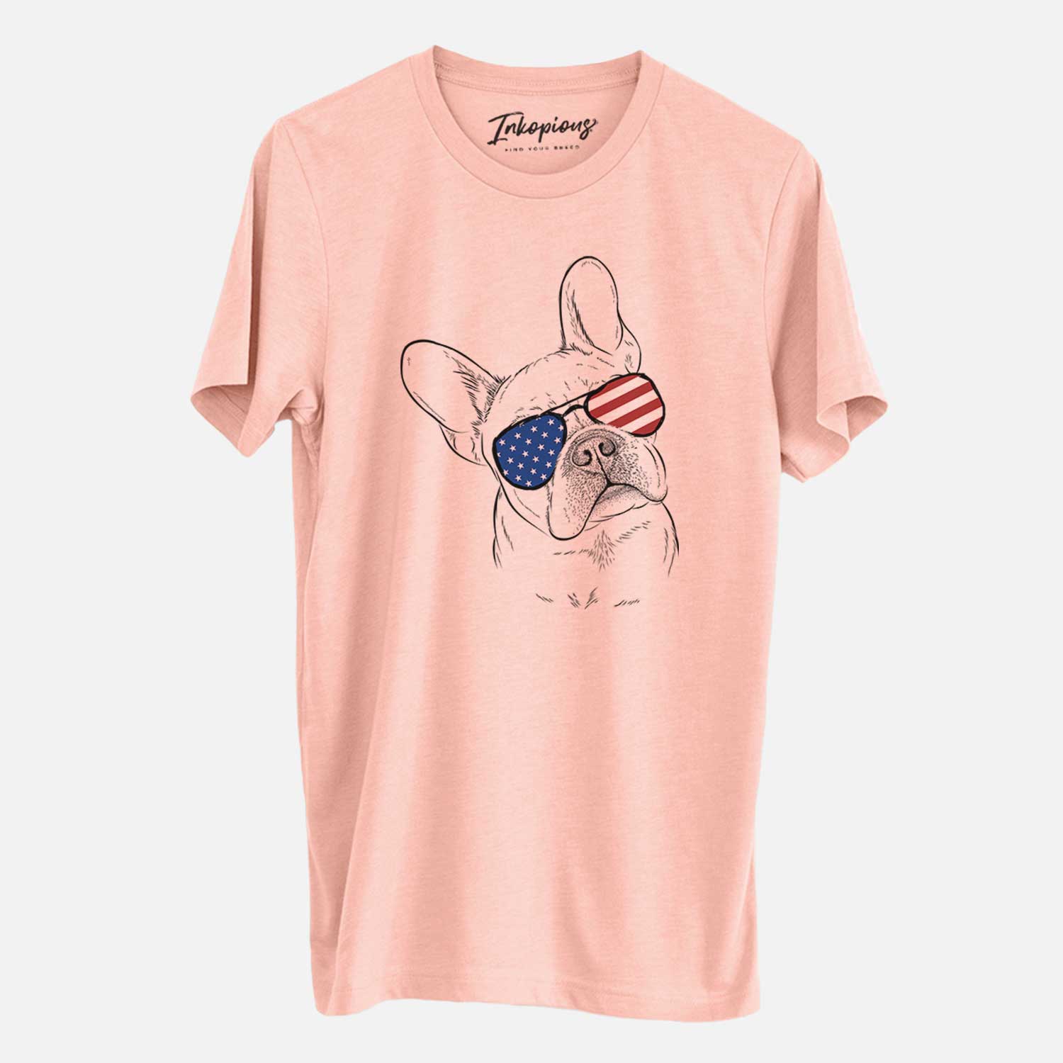 Hand-drawn sketch of Loki the French Bulldog wearing American flag sunglasses on a Peach Unisex crewneck
