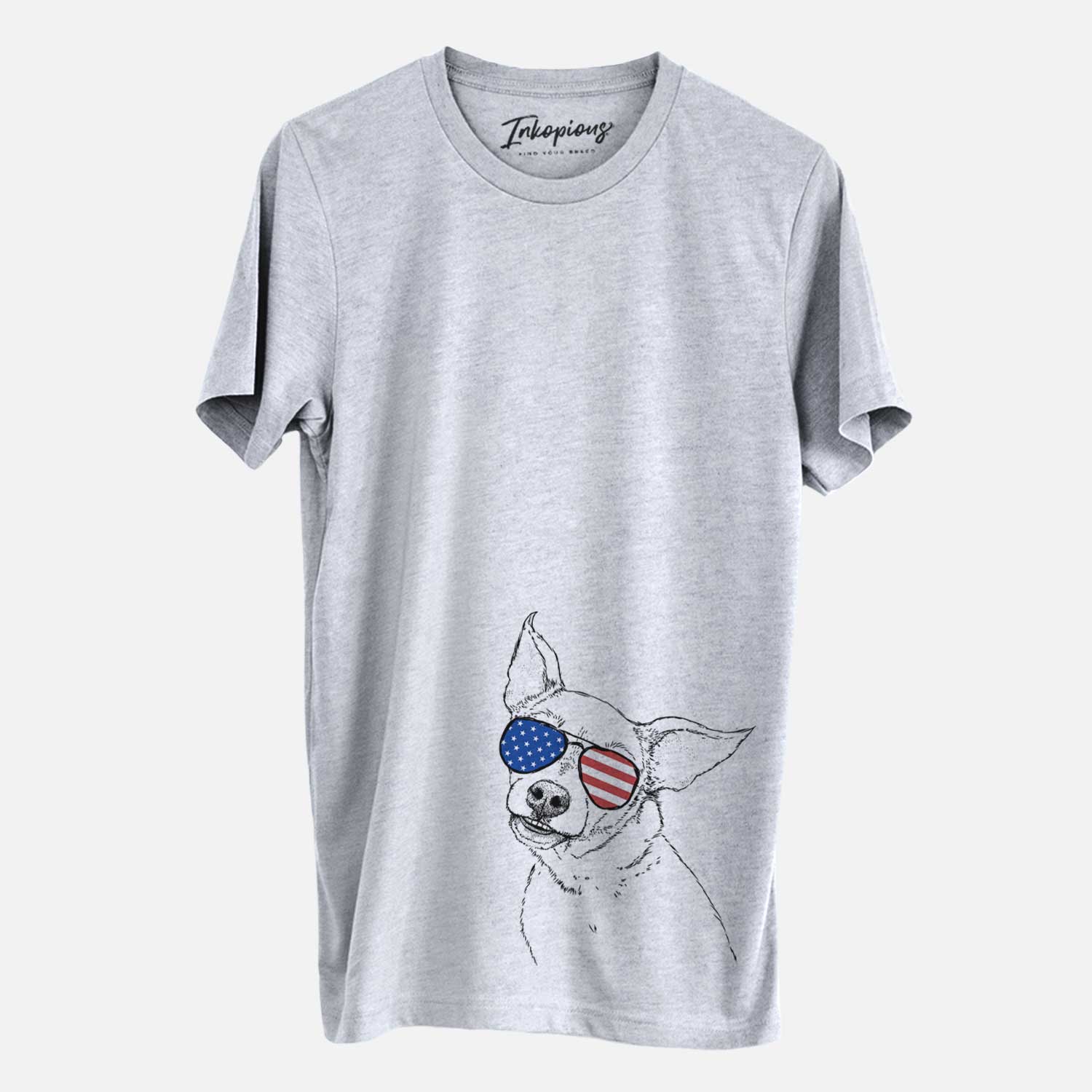 Hand-drawn sketch of Lola the Chiweenie wearing American flag sunglasses on a Grey Unisex crewneck