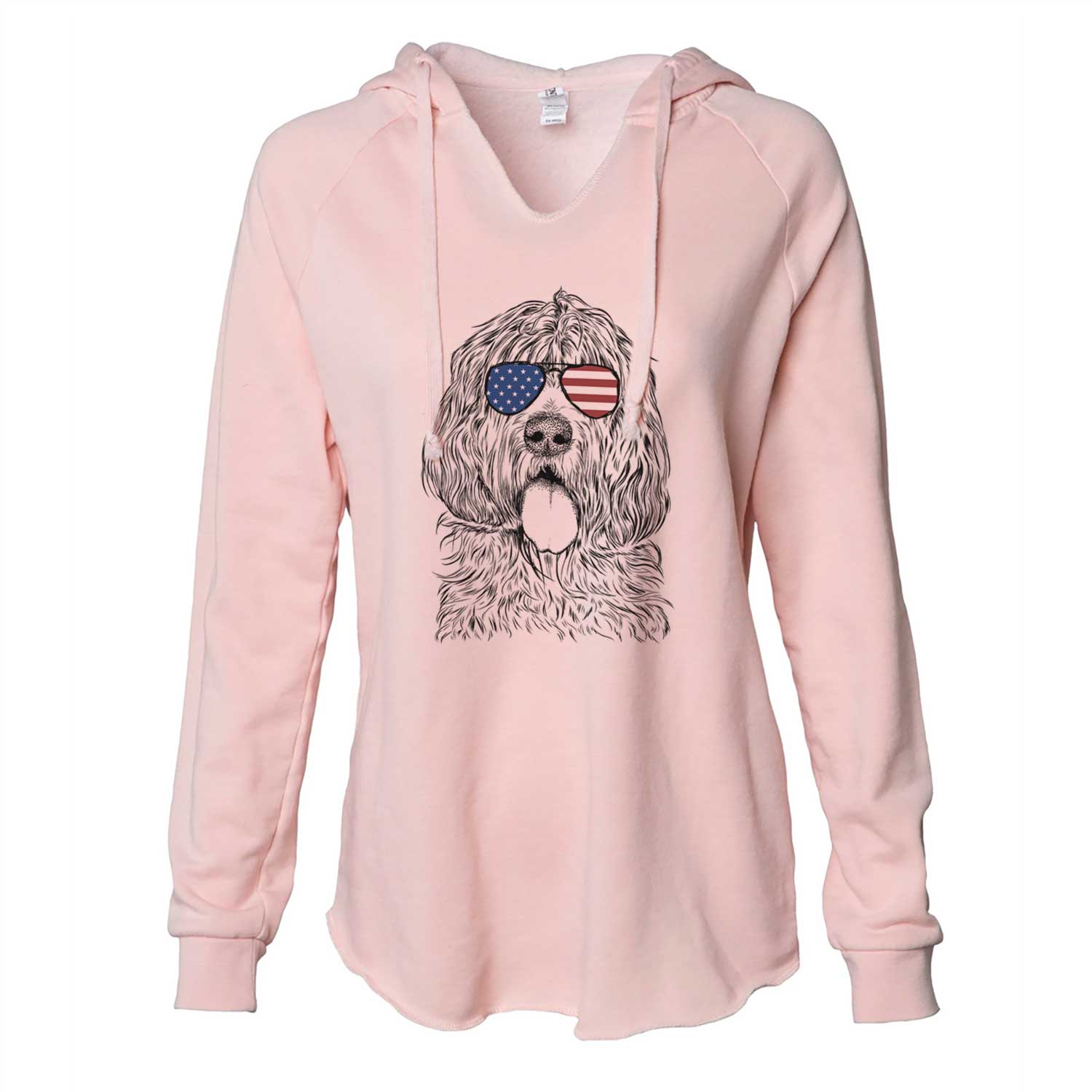 Hand-drawn sketch of Lou the Otterhound wearing American flag sunglasses on a Blush Cali Wave Hooded Sweatshirt