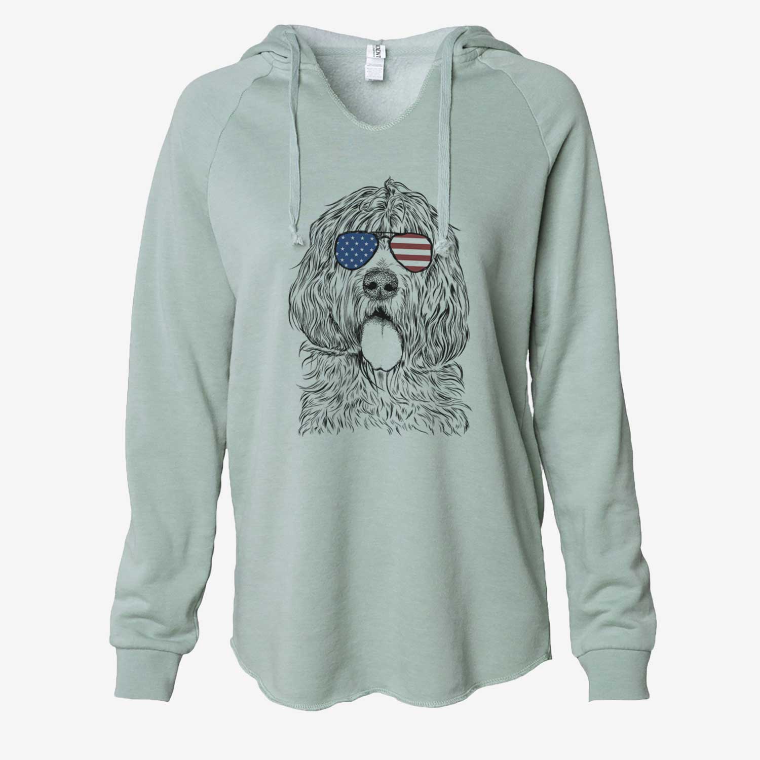 Hand-drawn sketch of Lou the Otterhound wearing American flag sunglasses on a Sage Cali Wave Hooded Sweatshirt
