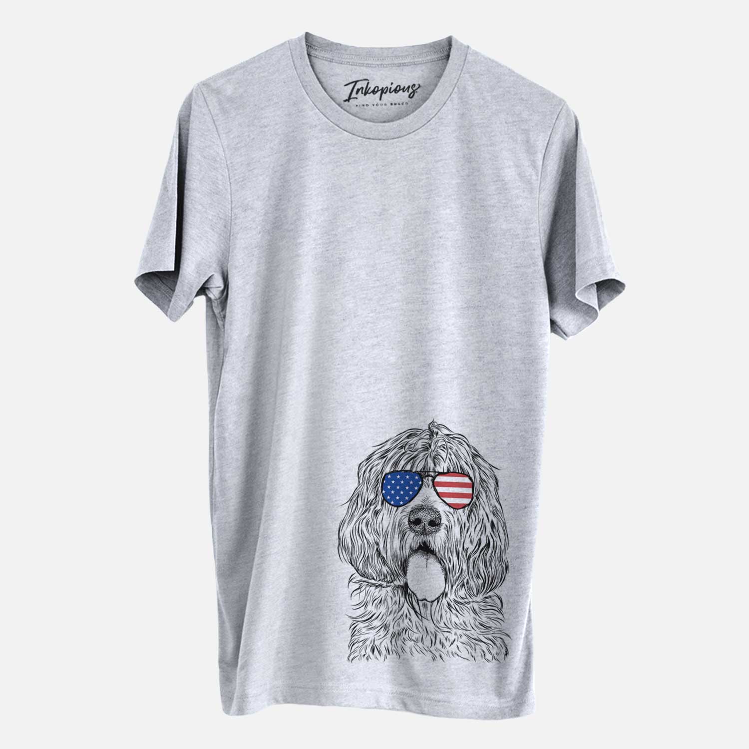 Hand-drawn sketch of Lou the Otterhound wearing American flag sunglasses on a Grey Unisex crewneck