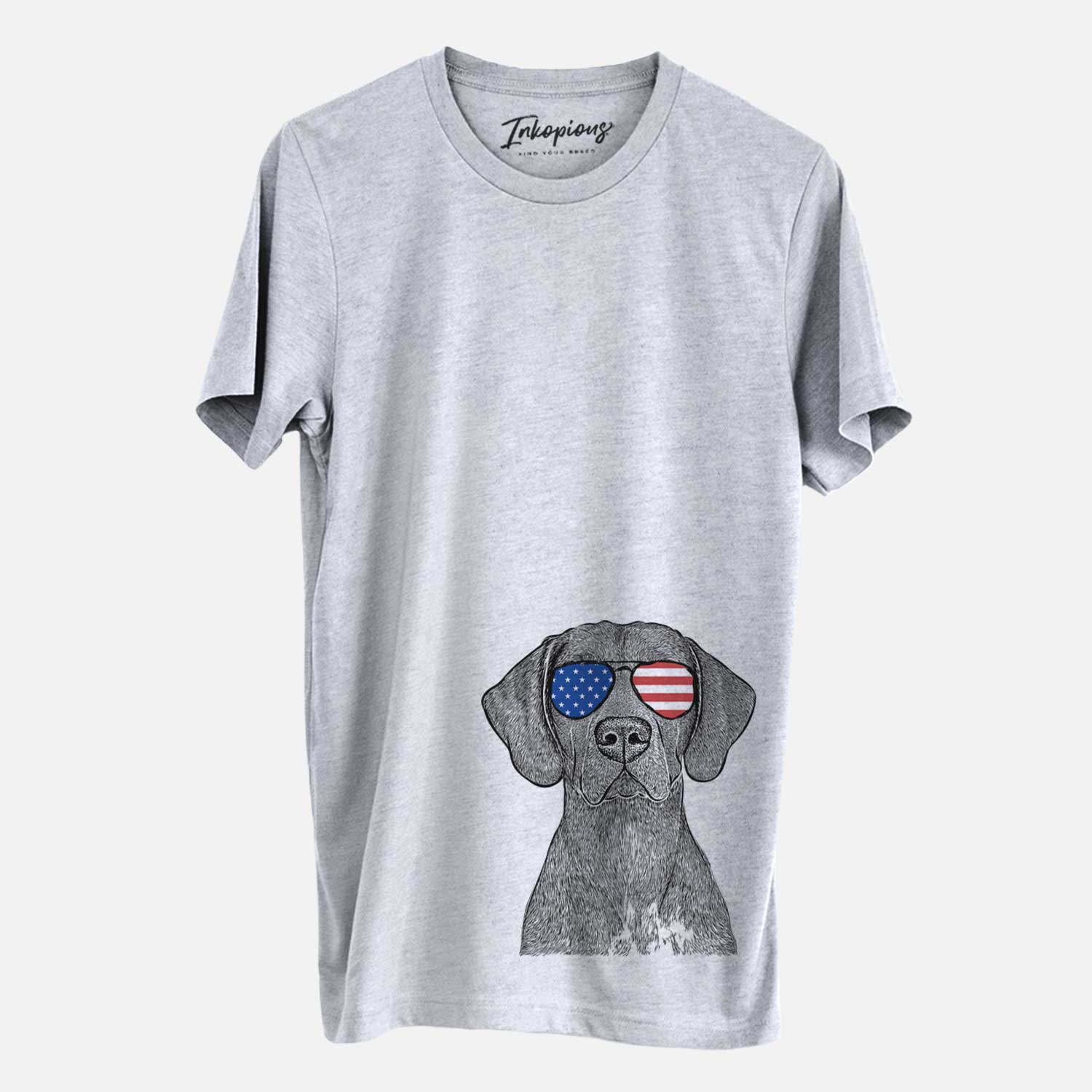 Hand-drawn sketch of Lucifer the German Shorthaired Pointer wearing American flag sunglasses on a Grey Unisex crewneck