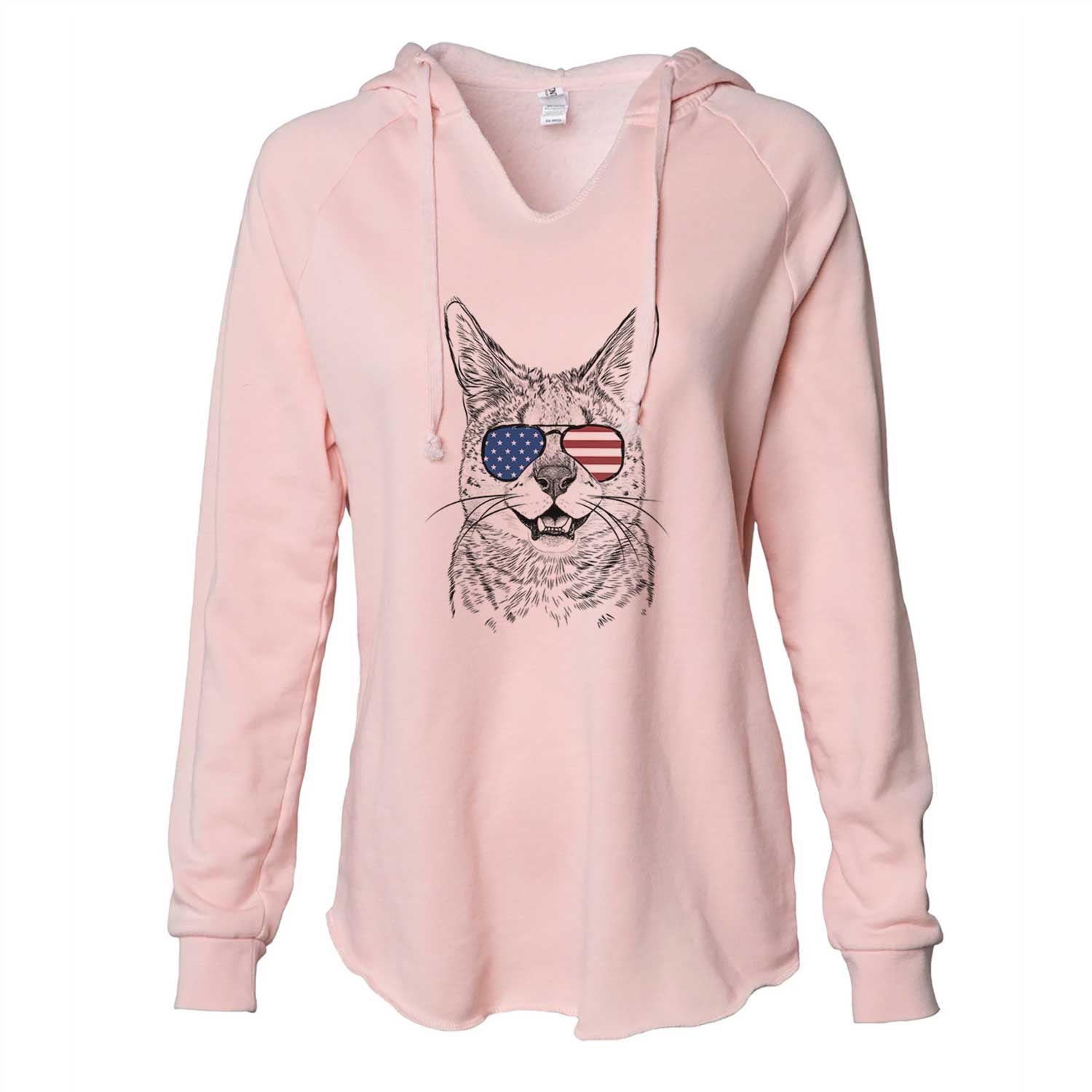 Hand-drawn sketch of Lucky the Serval Cat wearing American flag sunglasses on a Blush Cali Wave Hooded Sweatshirt