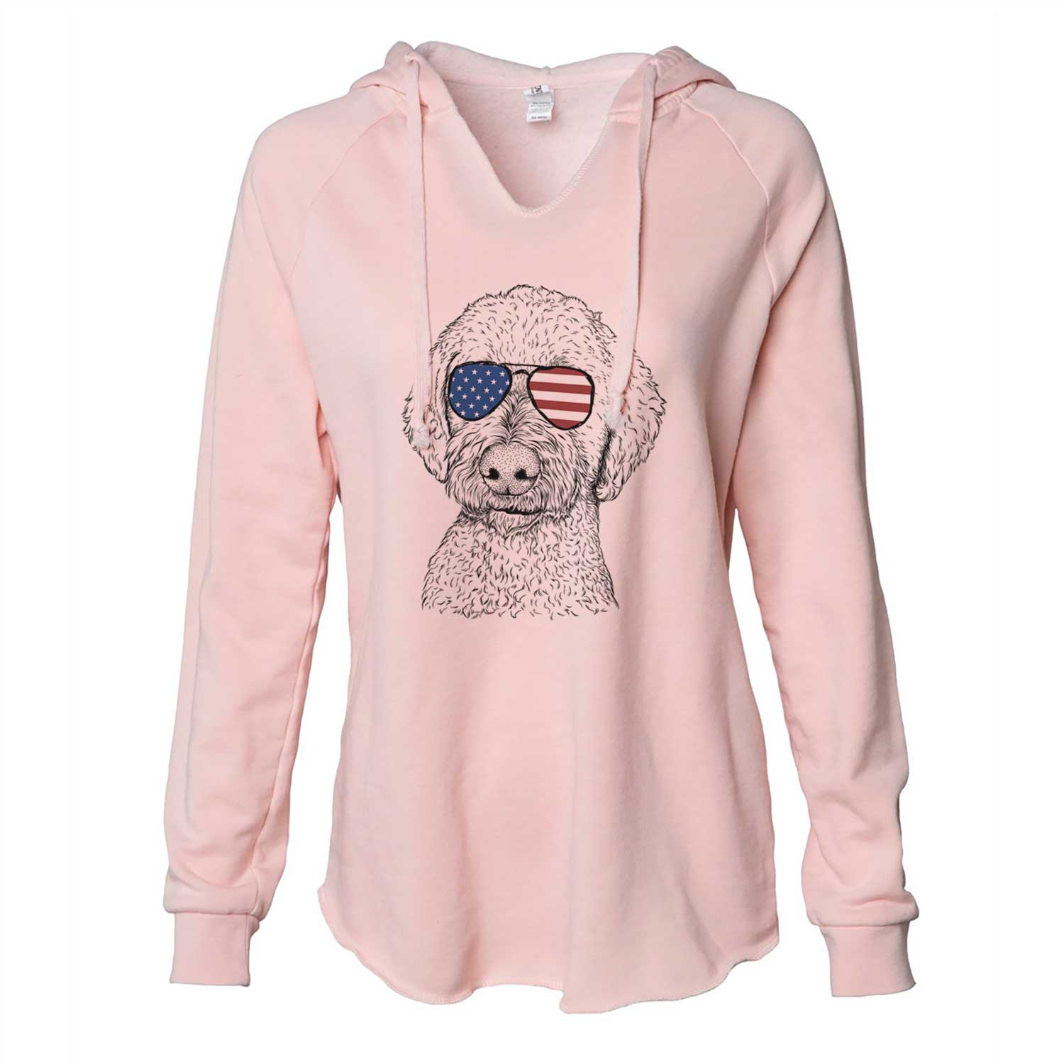 Hand-drawn sketch of Lucy Boo the Goldendoodle wearing American flag sunglasses on a Blush Cali Wave Hooded Sweatshirt