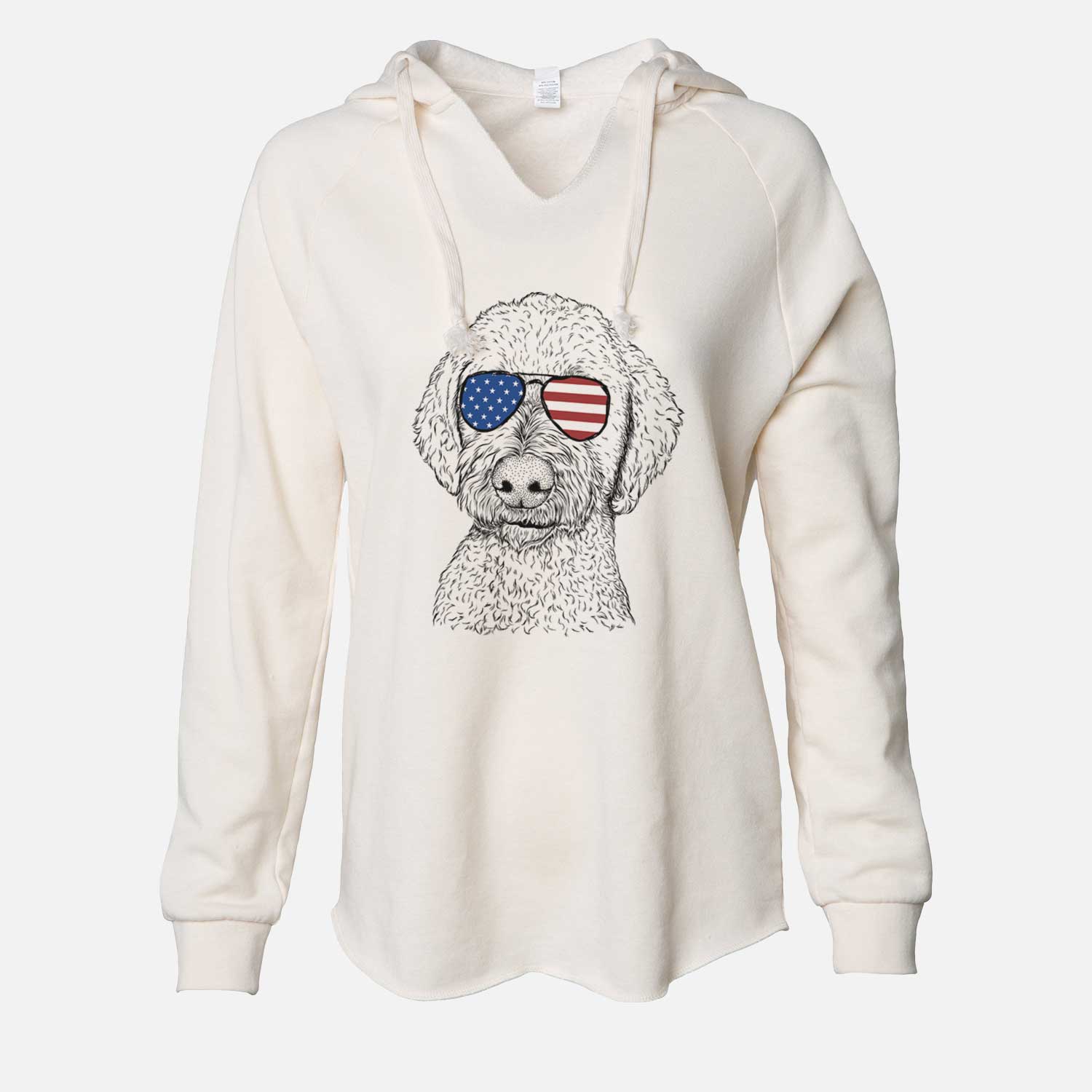 Hand-drawn sketch of Lucy Boo the Goldendoodle wearing American flag sunglasses on a Bone Cali Wave Hooded Sweatshirt