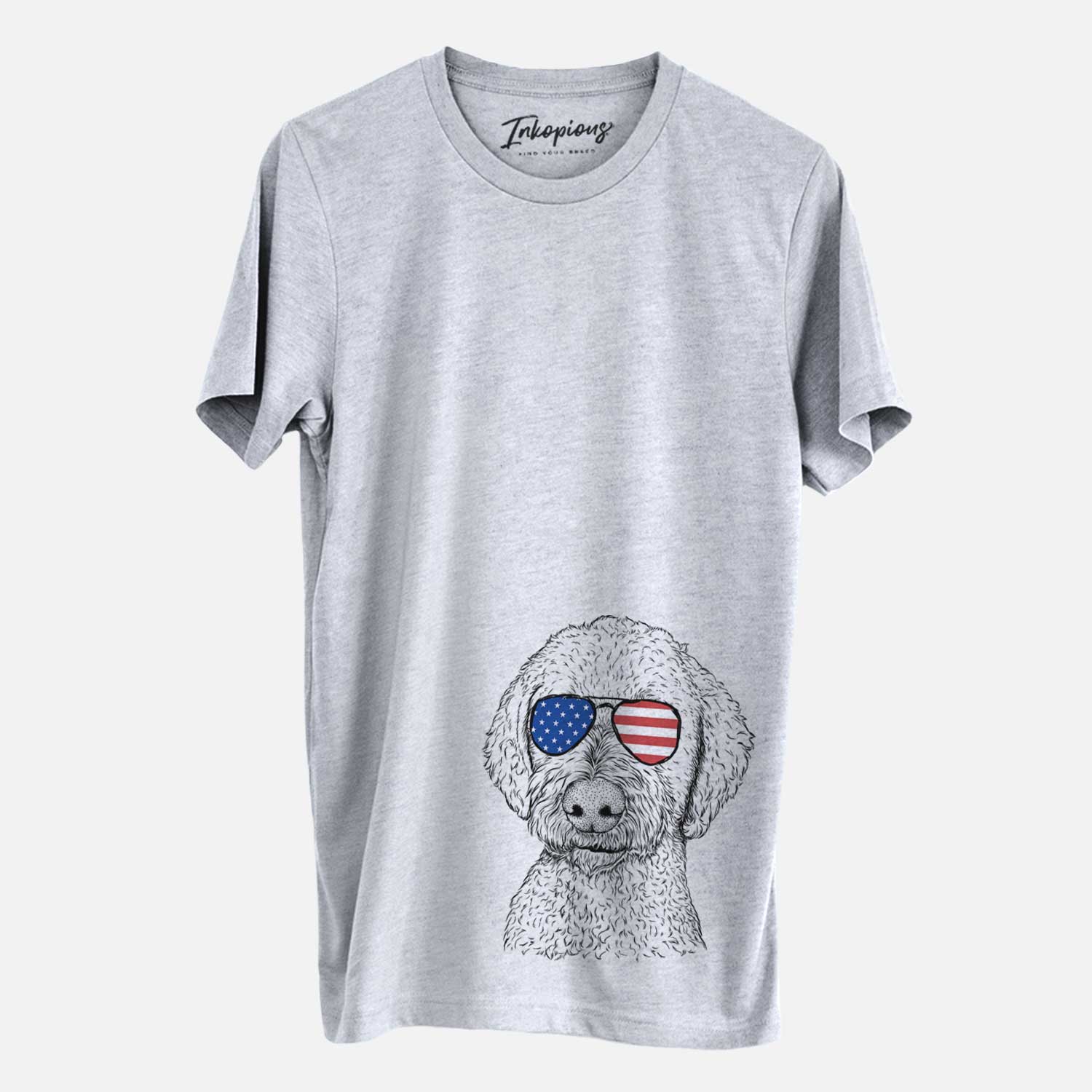 Hand-drawn sketch of Lucy Boo the Goldendoodle wearing American flag sunglasses on a Grey Unisex crewneck