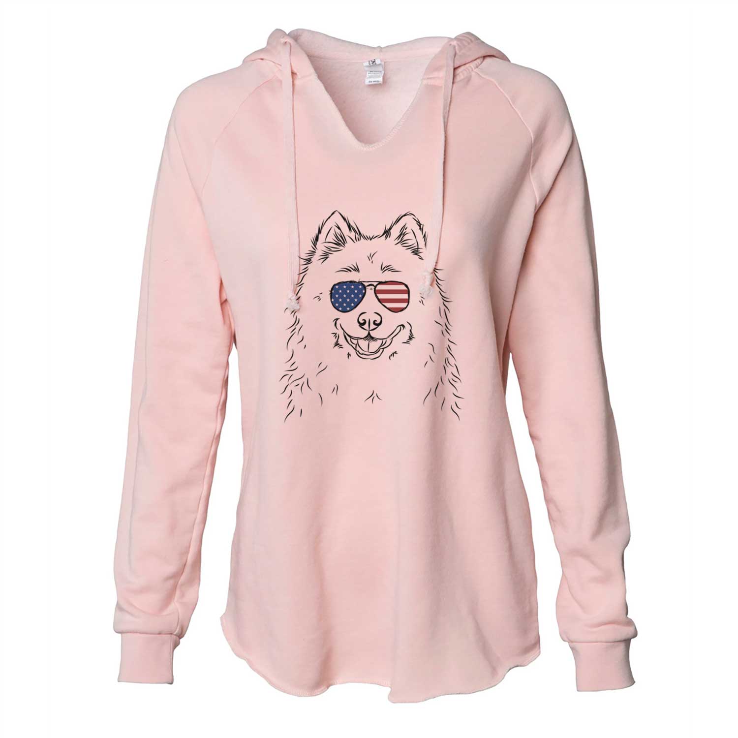 Hand-drawn sketch of Luka the Samoyed wearing American flag sunglasses on a Blush Cali Wave Hooded Sweatshirt