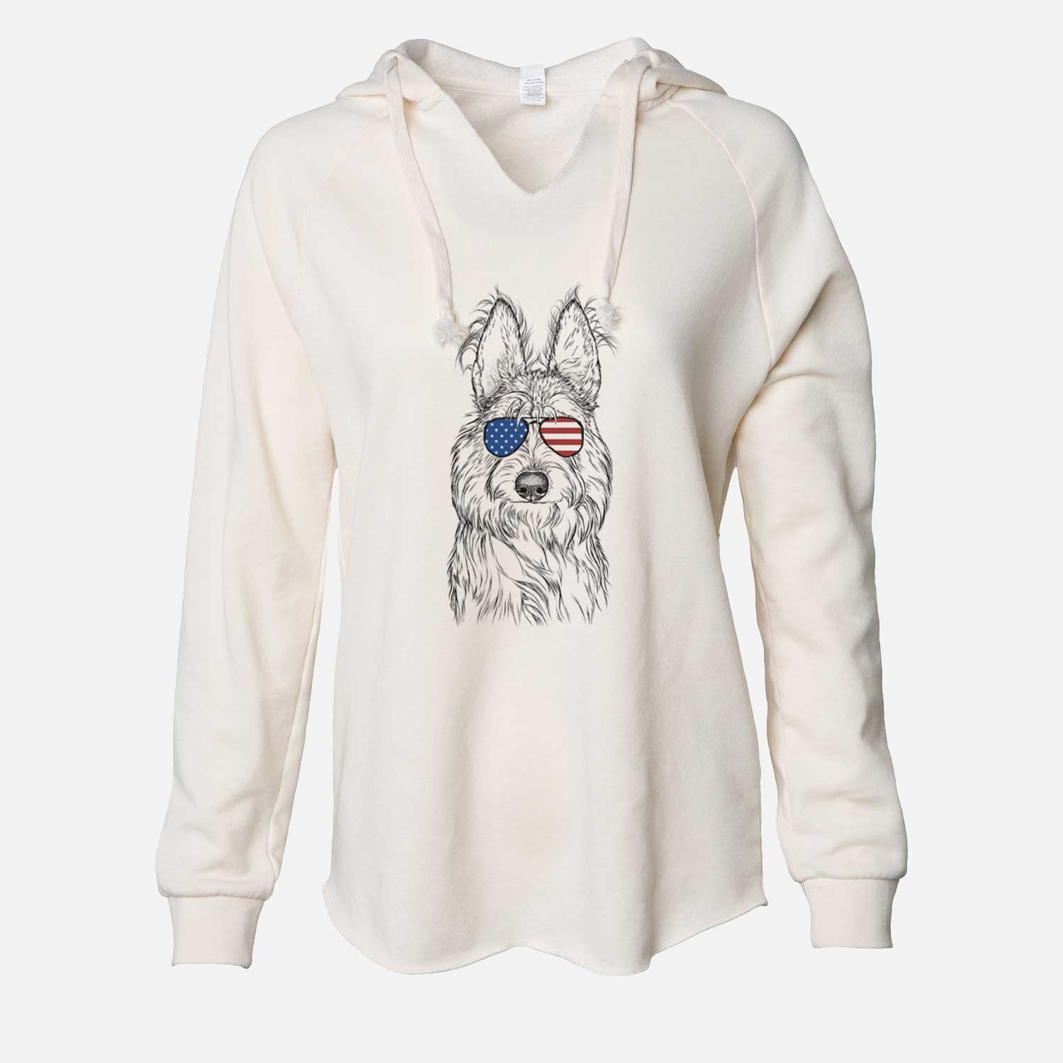Hand-drawn sketch of Luna the Berger Picard wearing American flag sunglasses on a Bone Cali Wave Hooded Sweatshirt