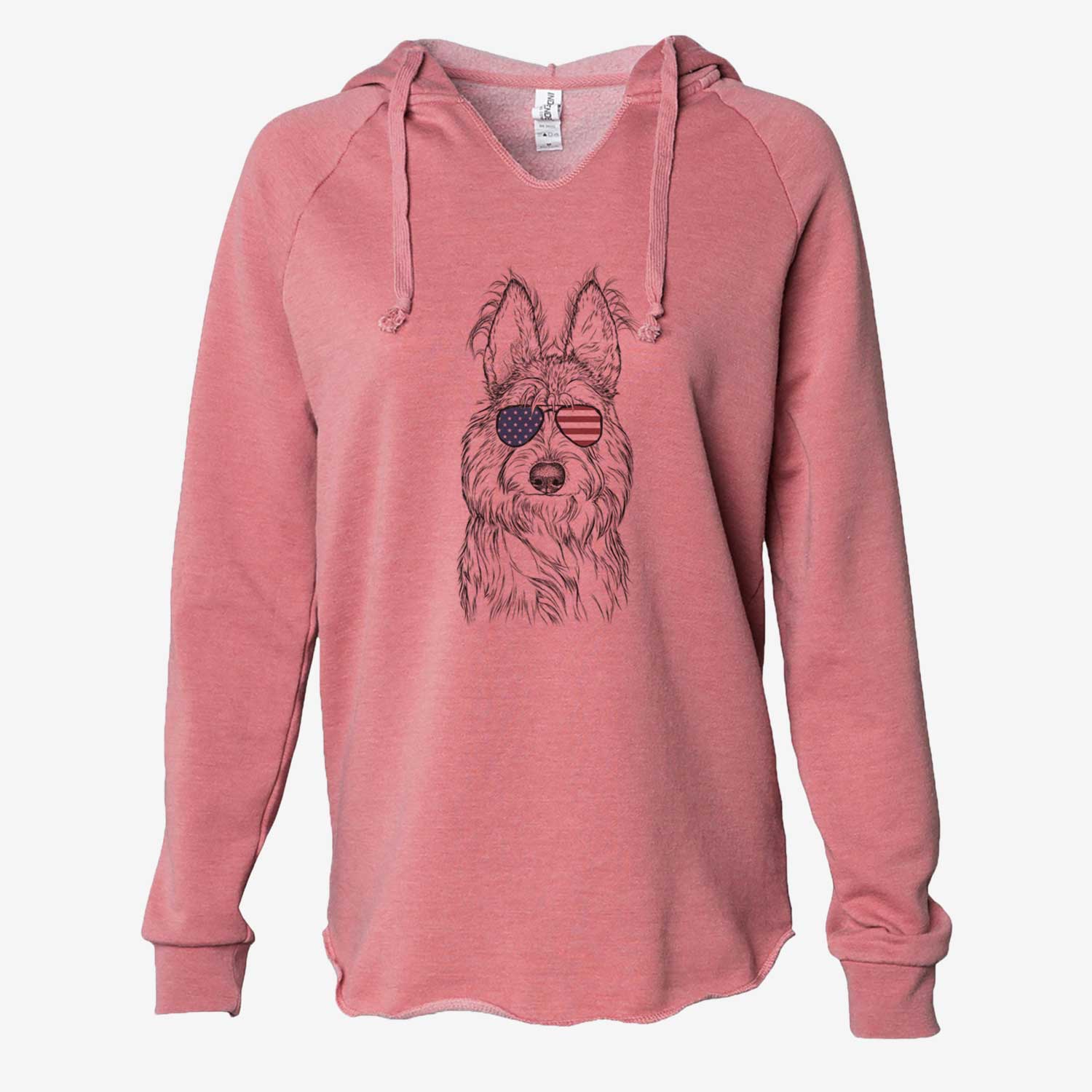 Hand-drawn sketch of Luna the Berger Picard wearing American flag sunglasses on a Dusty Rose Cali Wave Hooded Sweatshirt
