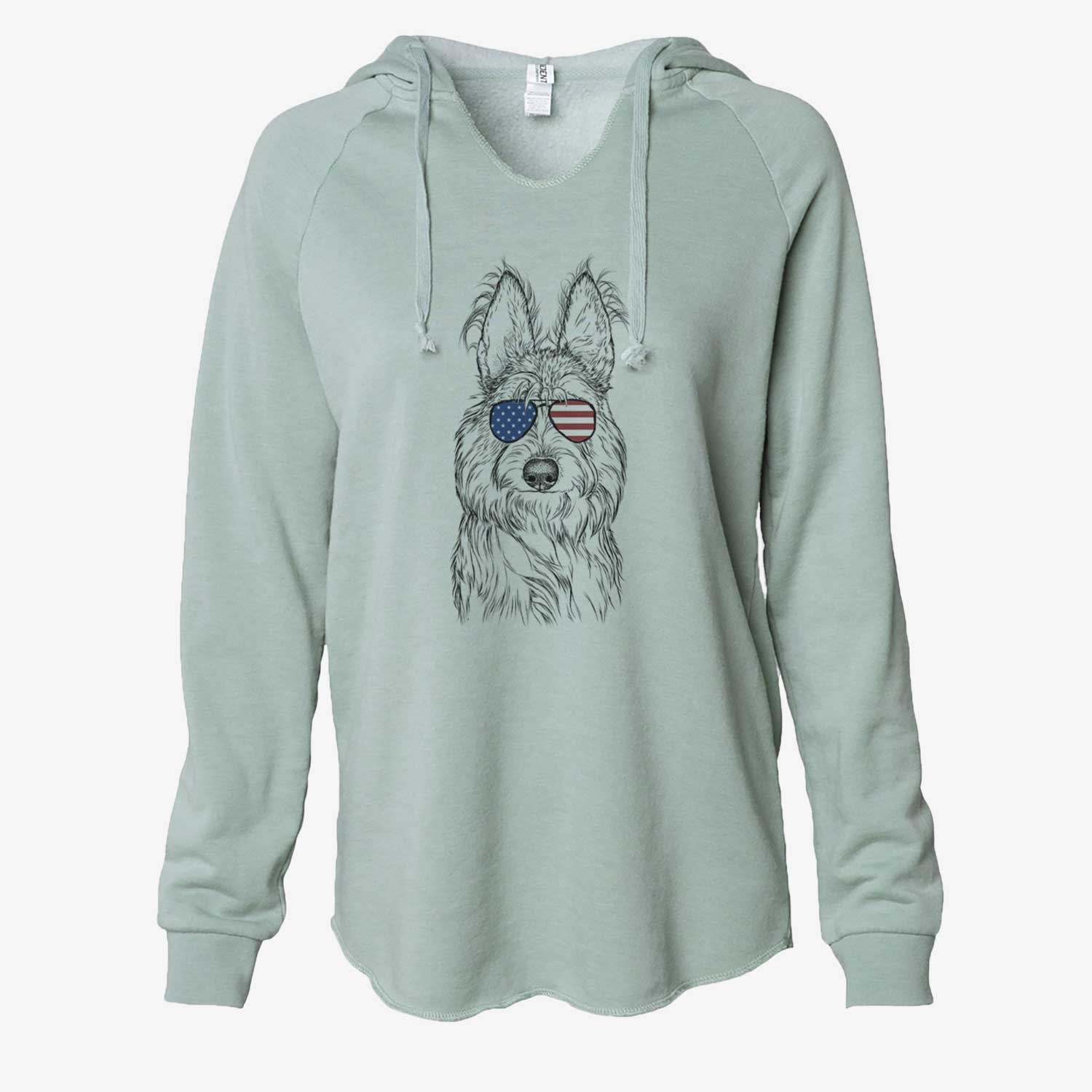 Hand-drawn sketch of Luna the Berger Picard wearing American flag sunglasses on a Sage Cali Wave Hooded Sweatshirt