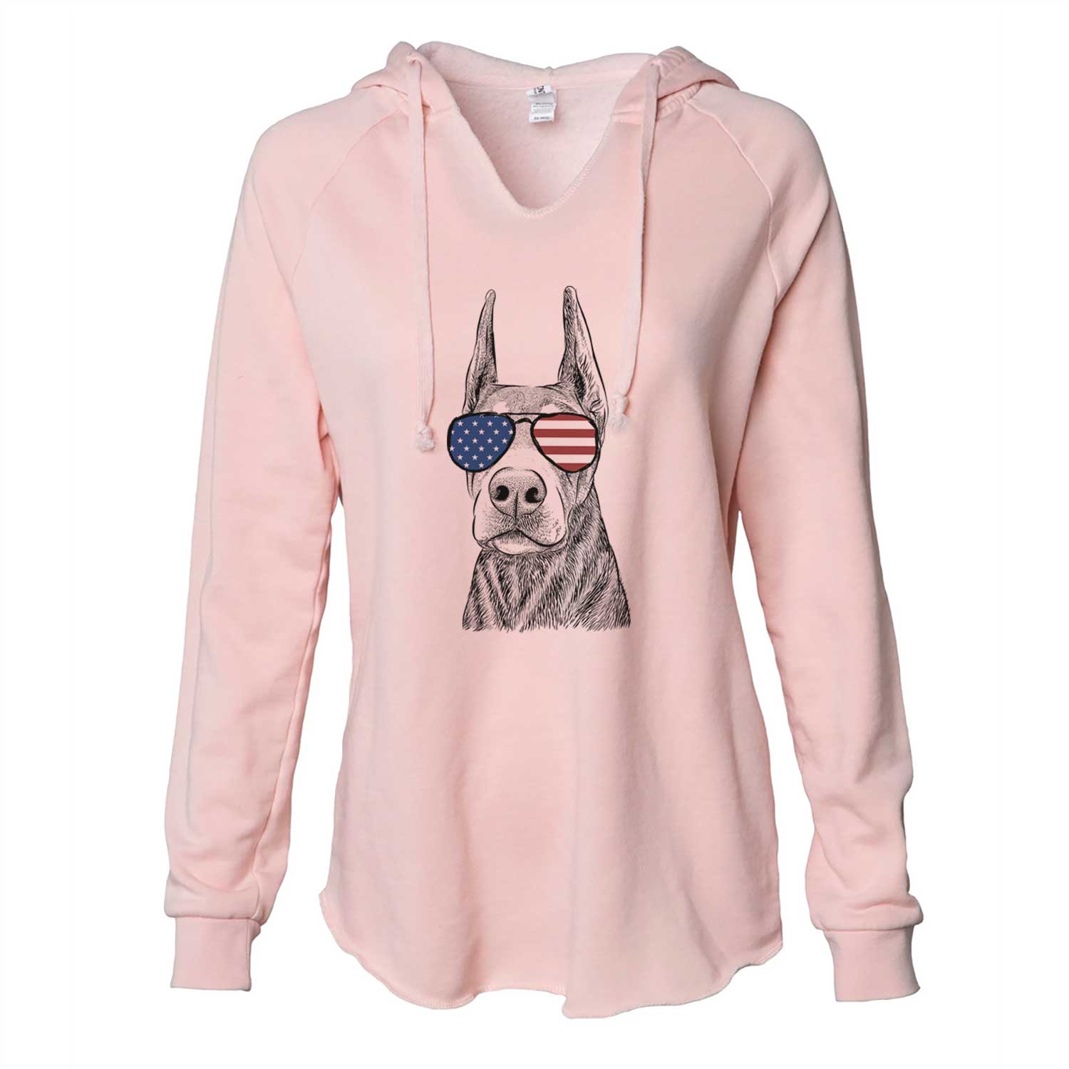Hand-drawn sketch of Luna the Doberman Pinscher wearing American flag sunglasses on a Blush Cali Wave Hooded Sweatshirt