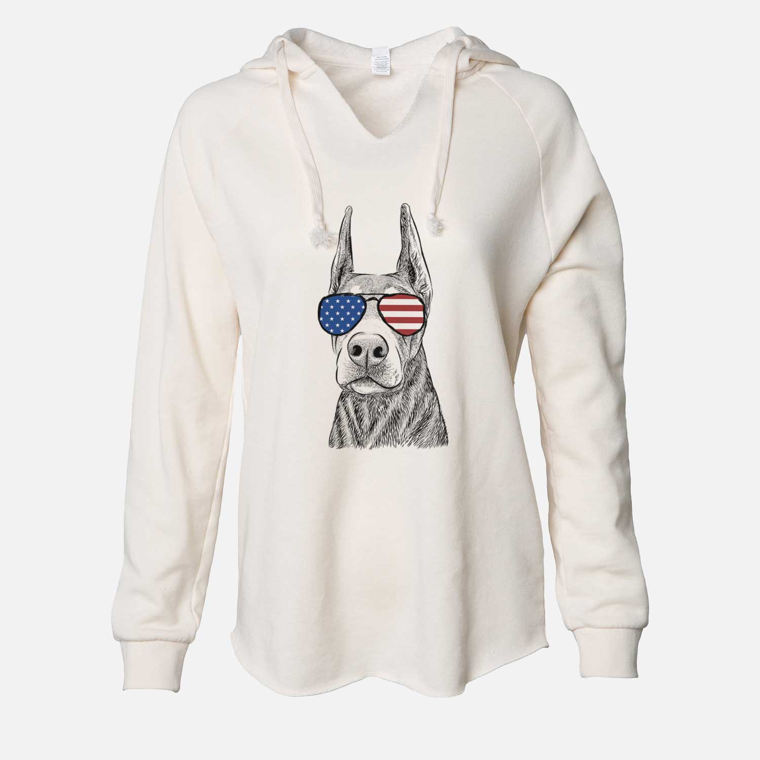 Hand-drawn sketch of Luna the Doberman Pinscher wearing American flag sunglasses on a Bone Cali Wave Hooded Sweatshirt