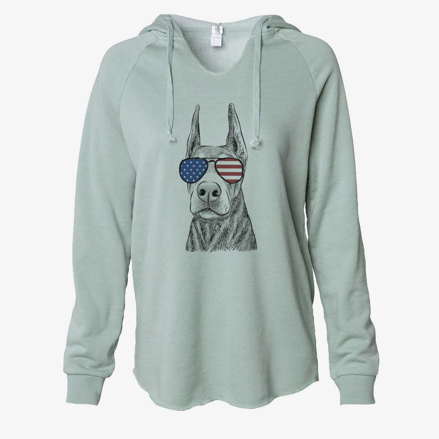 Hand-drawn sketch of Luna the Doberman Pinscher wearing American flag sunglasses on a Sage Cali Wave Hooded Sweatshirt