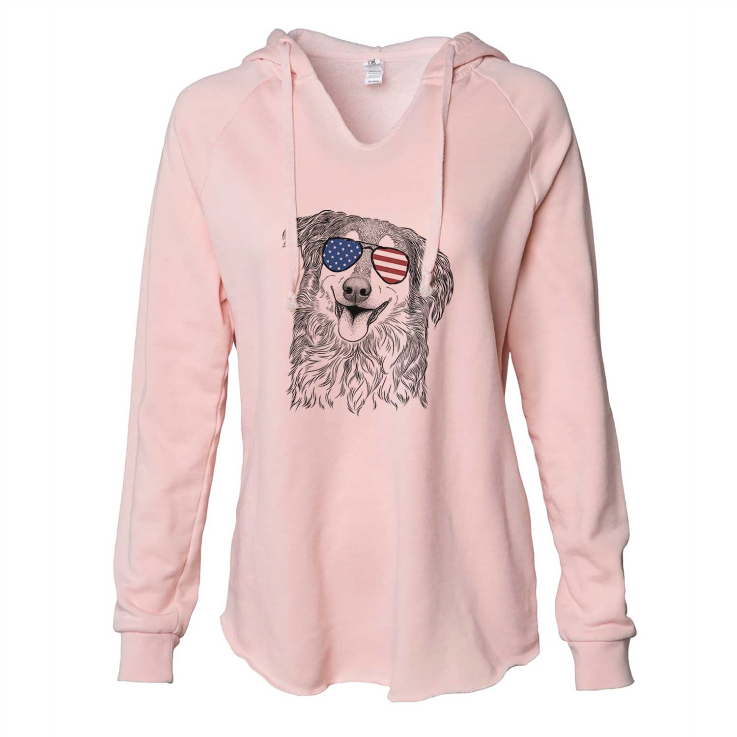 Hand-drawn sketch of Maddie the English Shepherd wearing American flag sunglasses on a Blush Cali Wave Hooded Sweatshirt