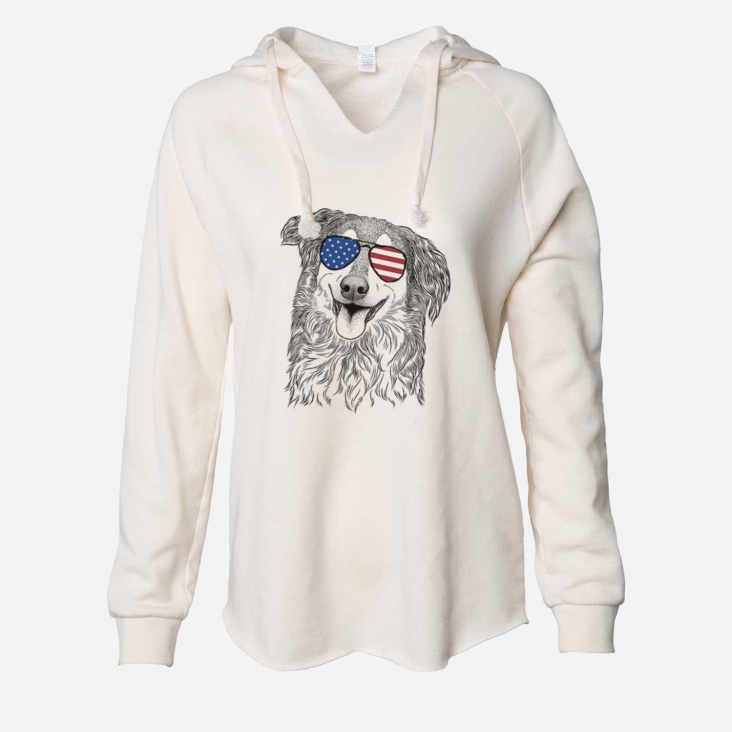 Hand-drawn sketch of Maddie the English Shepherd wearing American flag sunglasses on a Bone Cali Wave Hooded Sweatshirt