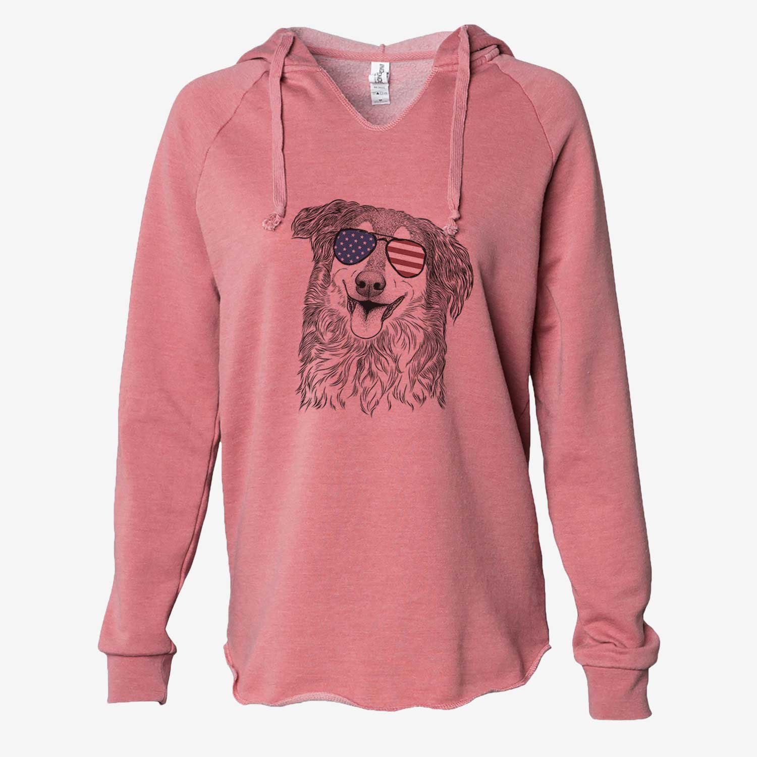 Hand-drawn sketch of Maddie the English Shepherd wearing American flag sunglasses on a Dusty Rose Cali Wave Hooded Sweatshirt