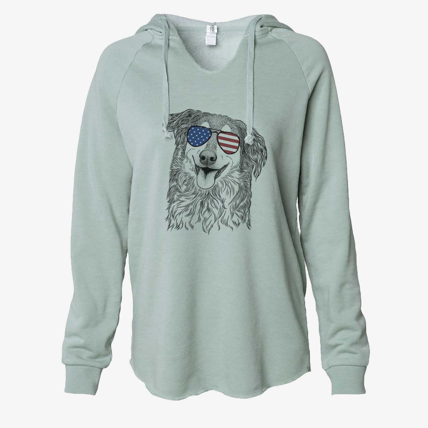 Hand-drawn sketch of Maddie the English Shepherd wearing American flag sunglasses on a Sage Cali Wave Hooded Sweatshirt