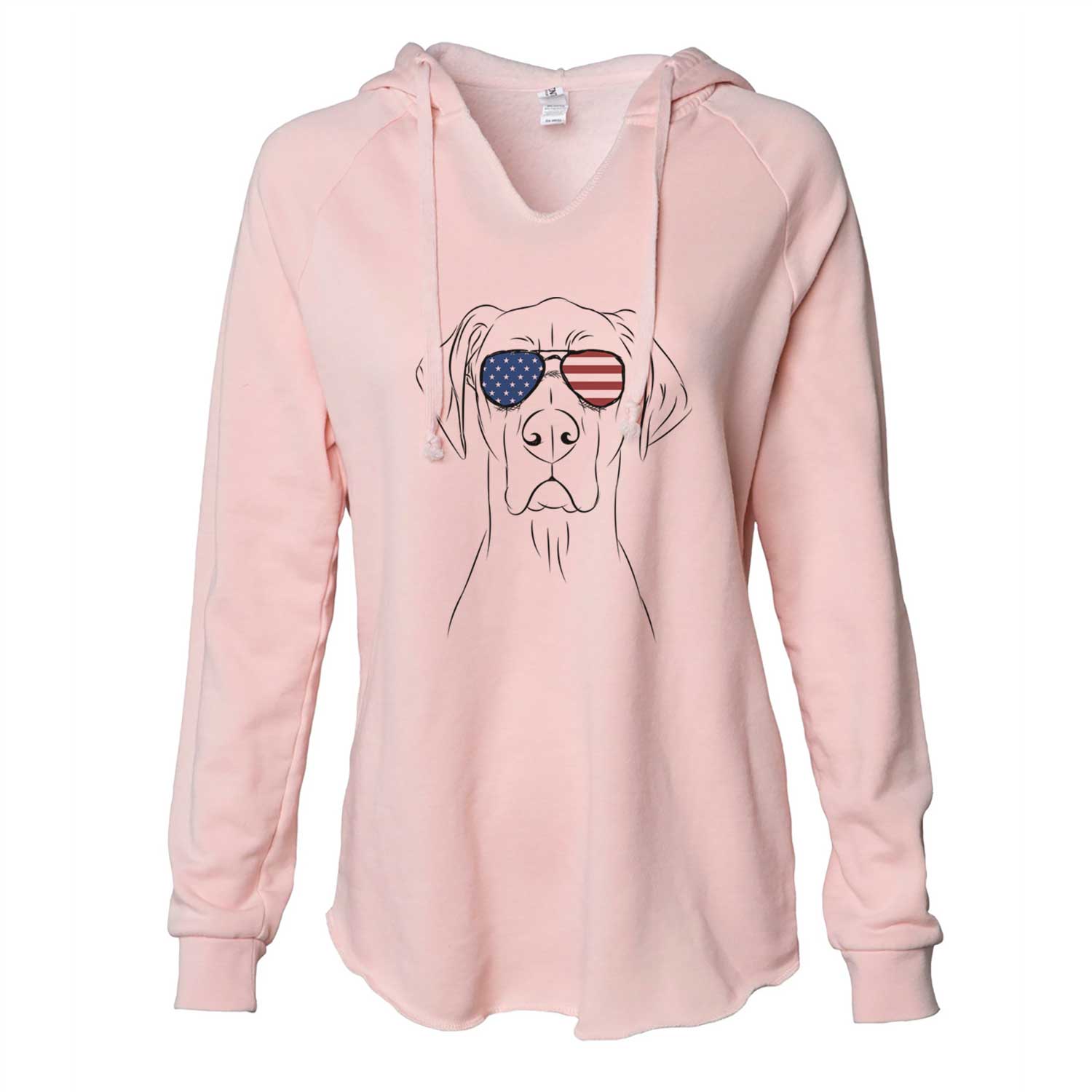 Hand-drawn sketch of Maddox the Great Dane wearing American flag sunglasses on a Blush Cali Wave Hooded Sweatshirt