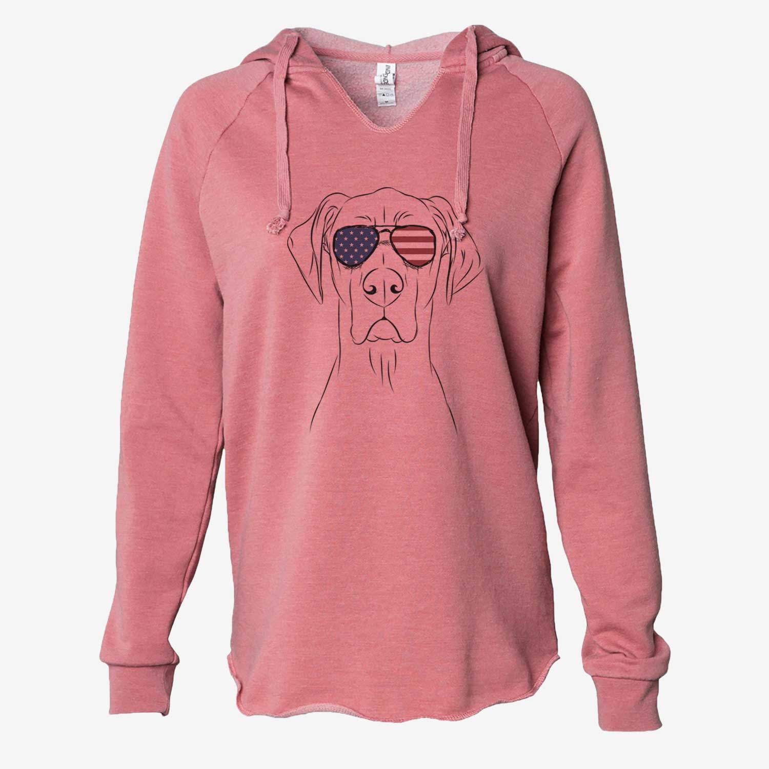 Hand-drawn sketch of Maddox the Great Dane wearing American flag sunglasses on a Dusty Rose Cali Wave Hooded Sweatshirt