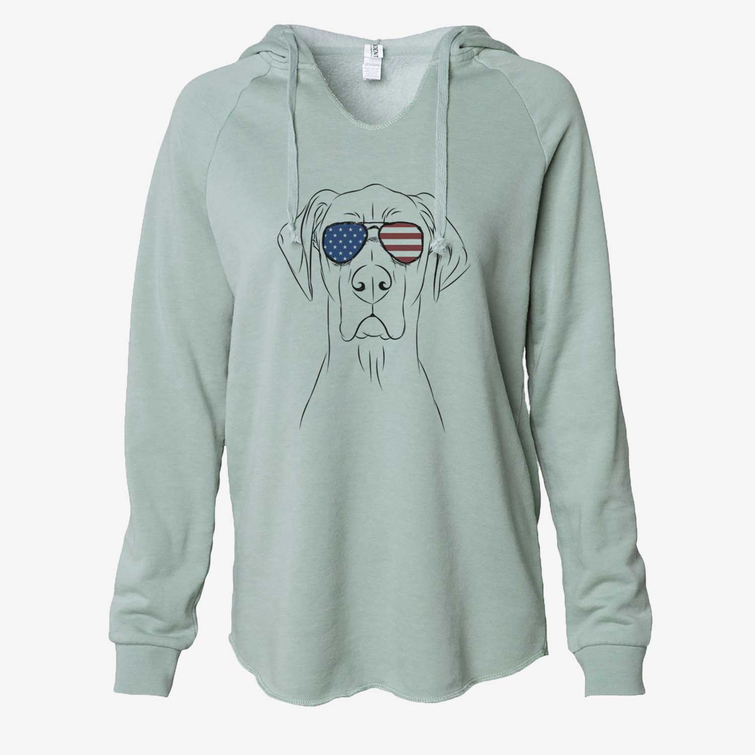 Hand-drawn sketch of Maddox the Great Dane wearing American flag sunglasses on a Sage Cali Wave Hooded Sweatshirt