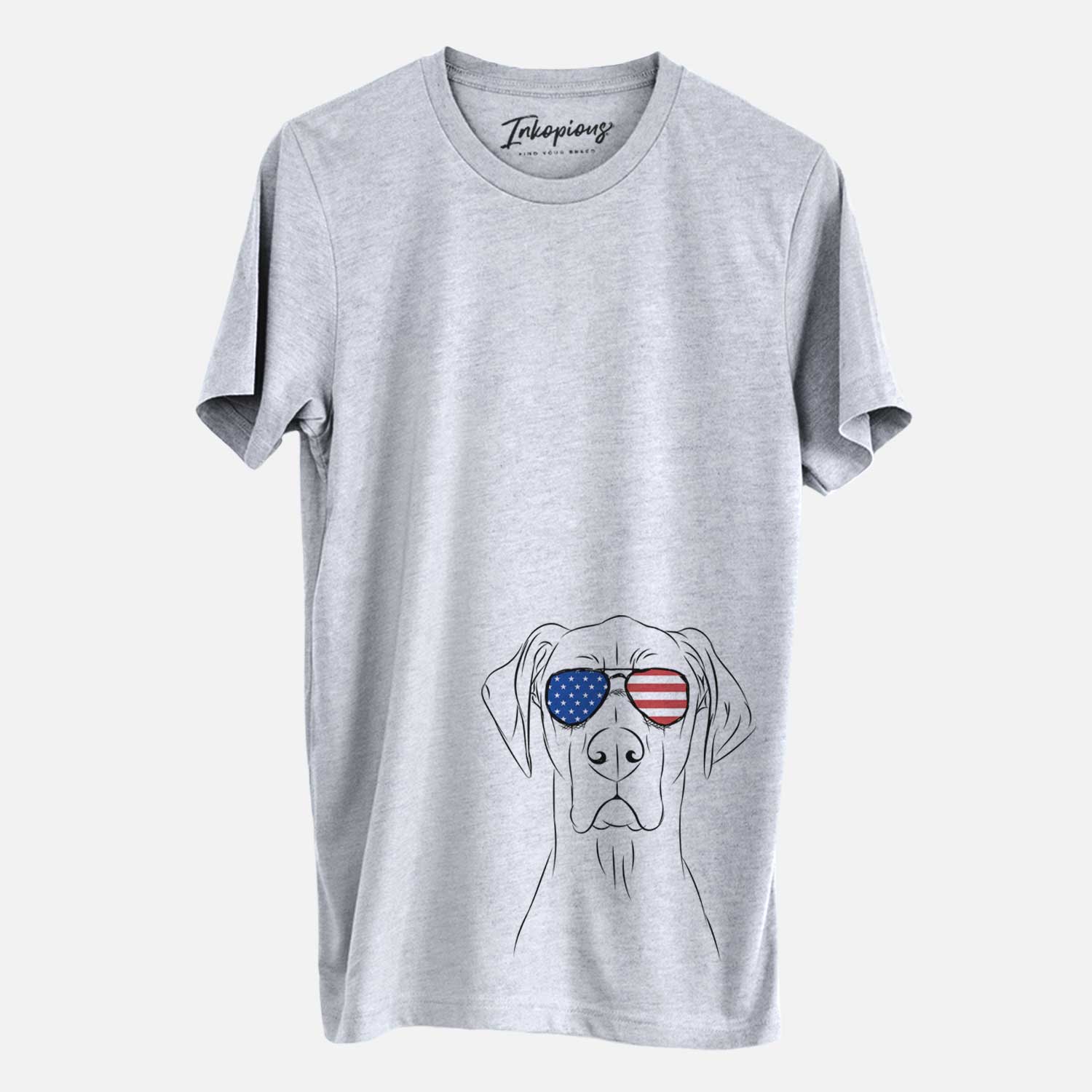 Hand-drawn sketch of Maddox the Great Dane wearing American flag sunglasses on a Grey Unisex crewneck