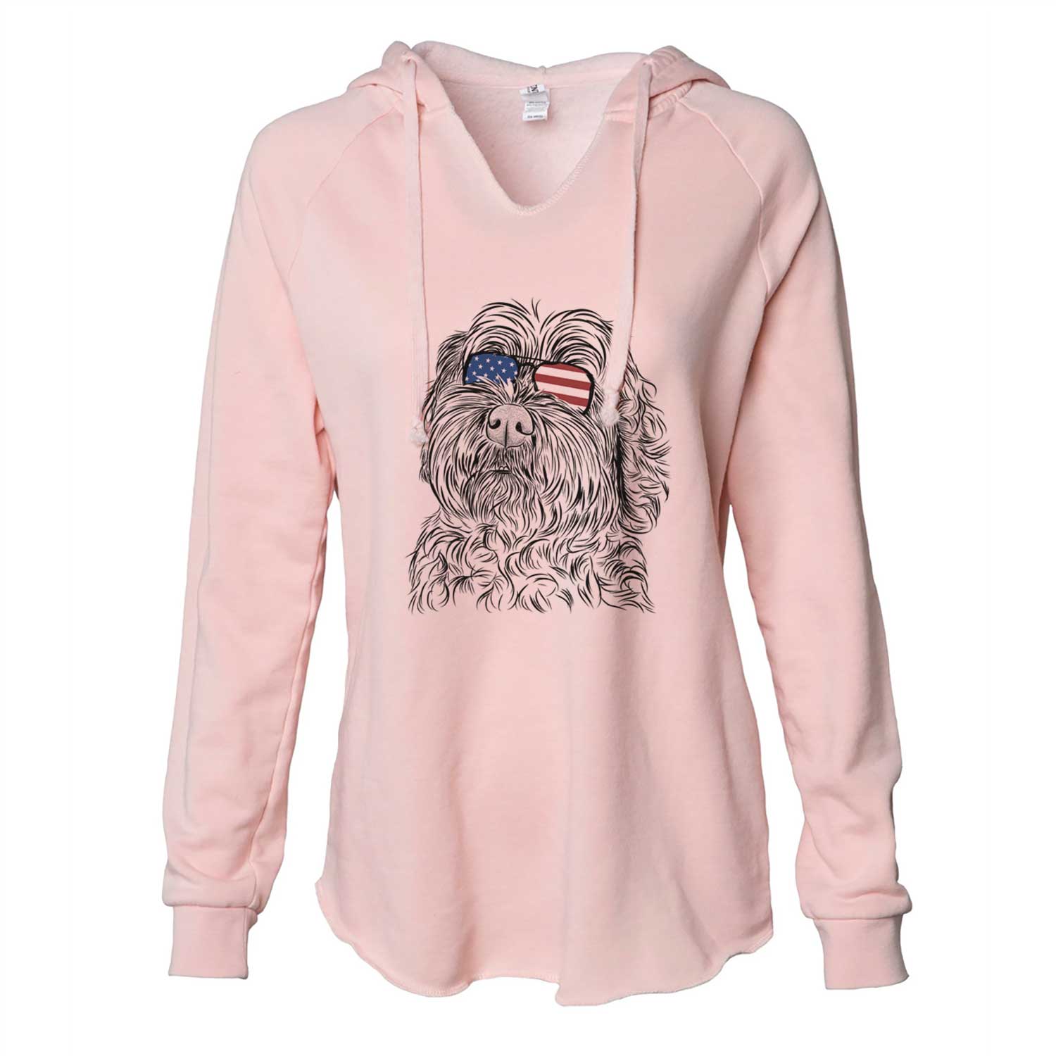 Hand-drawn sketch of Maggie Girl the Cockapoo wearing American flag sunglasses on a Blush Cali Wave Hooded Sweatshirt