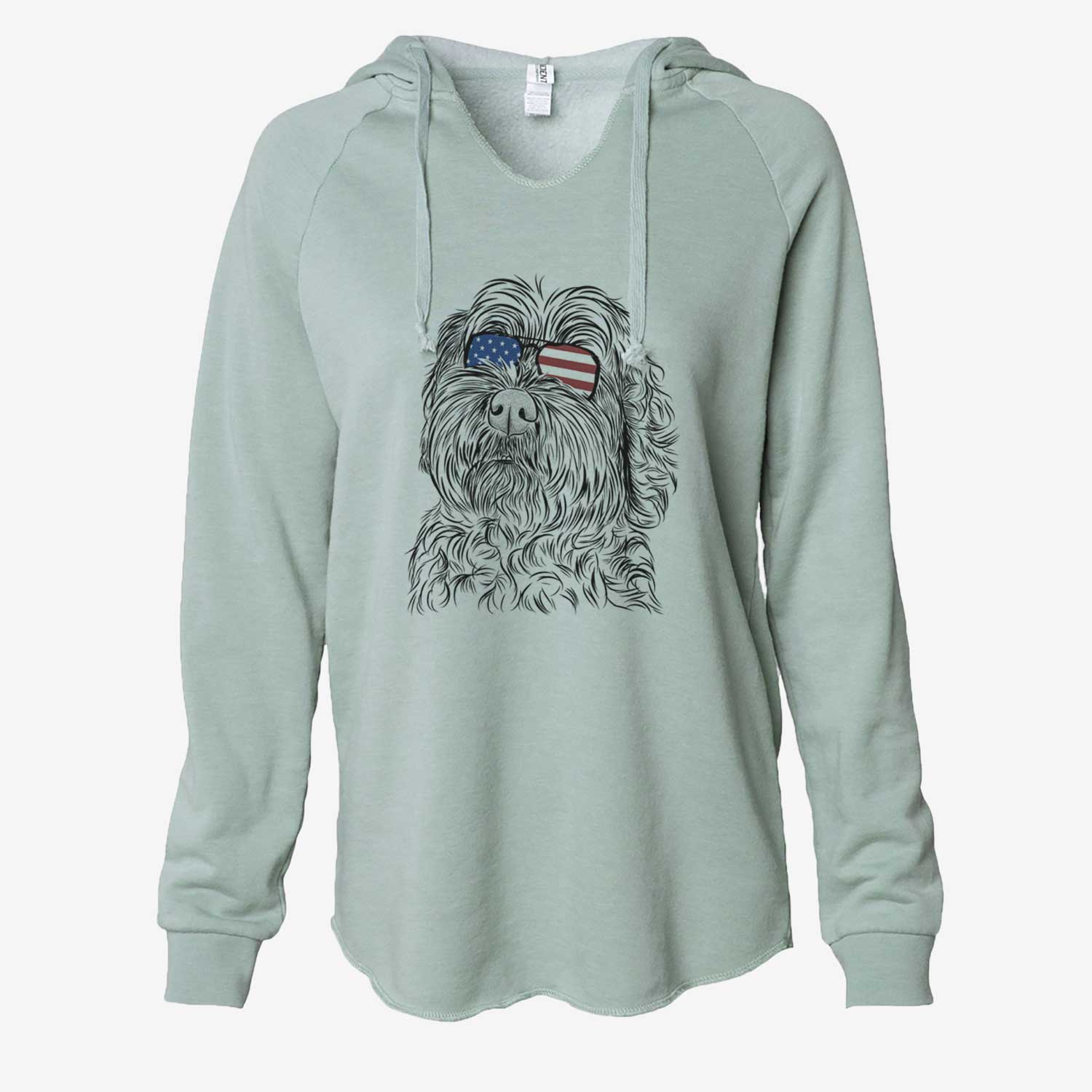 Hand-drawn sketch of Maggie Girl the Cockapoo wearing American flag sunglasses on a Sage Cali Wave Hooded Sweatshirt