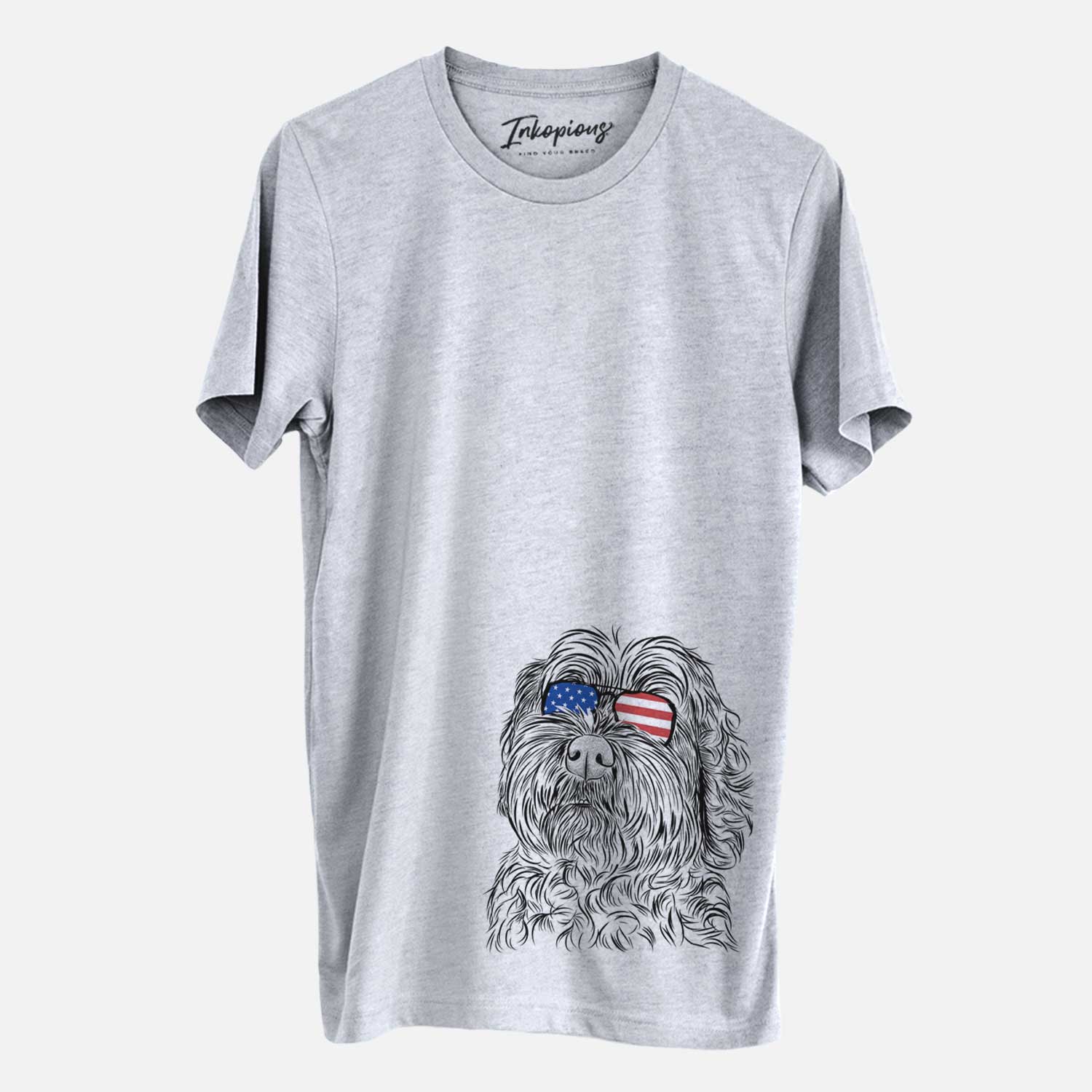 Hand-drawn sketch of Maggie Girl the Cockapoo wearing American flag sunglasses on a Grey Unisex crewneck