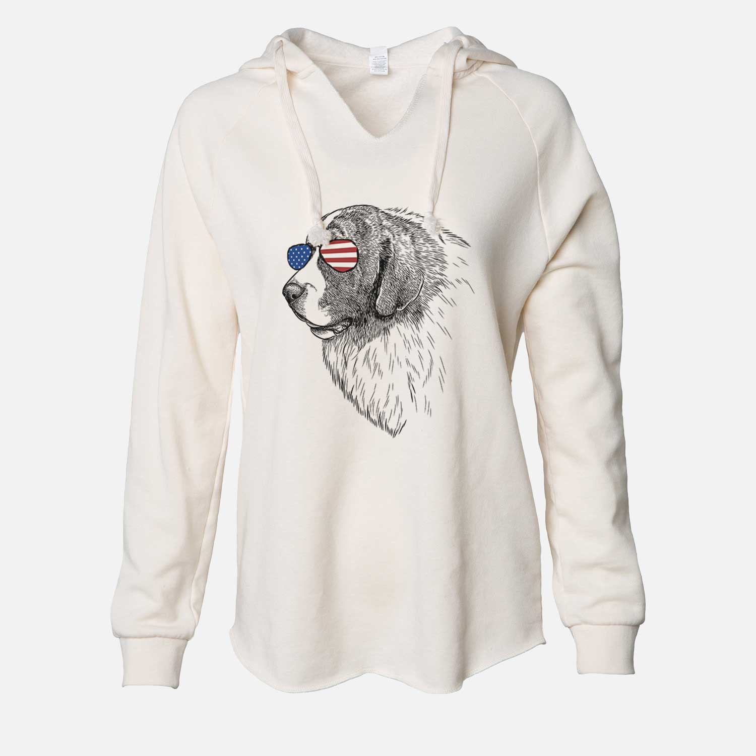 Hand-drawn sketch of Magnus the Pyrenean Mastiff wearing American flag sunglasses on a Bone Cali Wave Hooded Sweatshirt