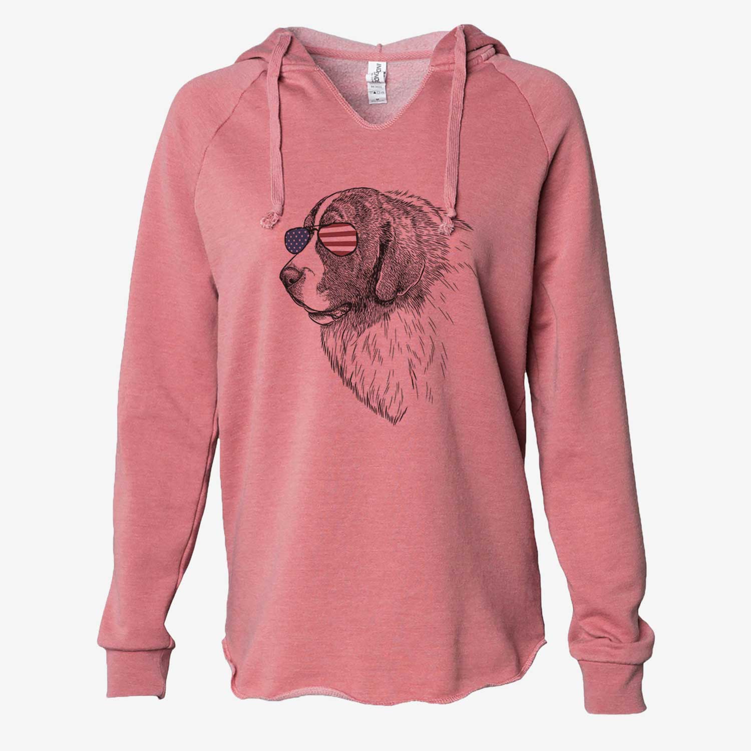 Hand-drawn sketch of Magnus the Pyrenean Mastiff wearing American flag sunglasses on a Dusty Rose Cali Wave Hooded Sweatshirt