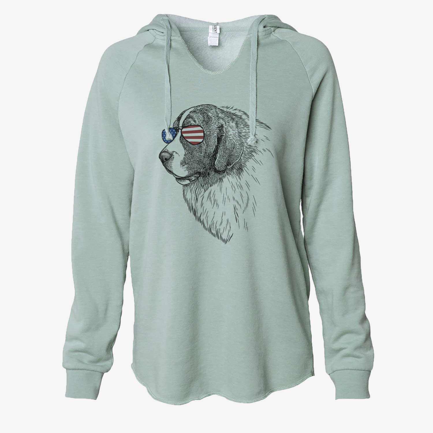 Hand-drawn sketch of Magnus the Pyrenean Mastiff wearing American flag sunglasses on a Sage Cali Wave Hooded Sweatshirt