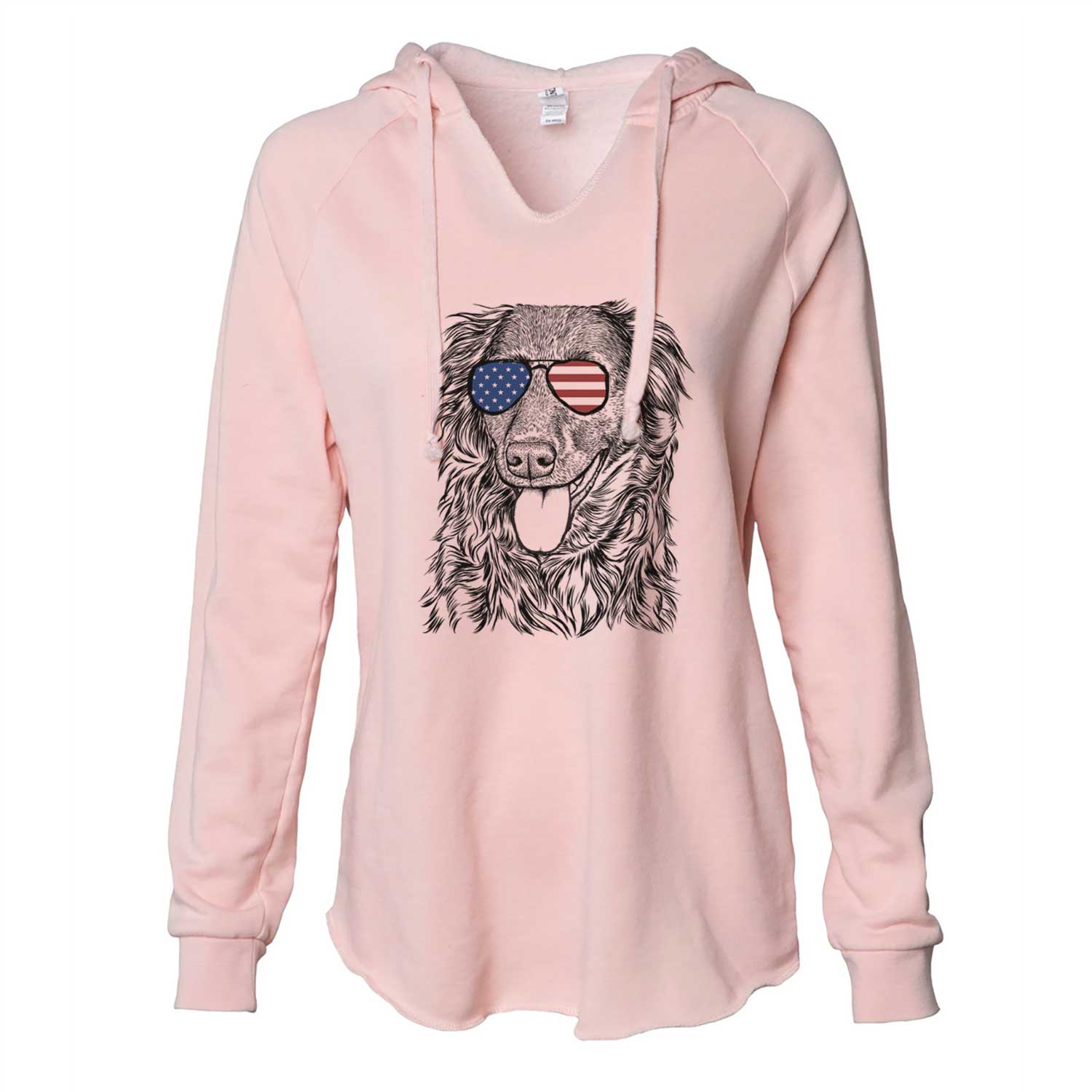 Hand-drawn sketch of Maisie Mae the Aussiedor wearing American flag sunglasses on a Blush Cali Wave Hooded Sweatshirt