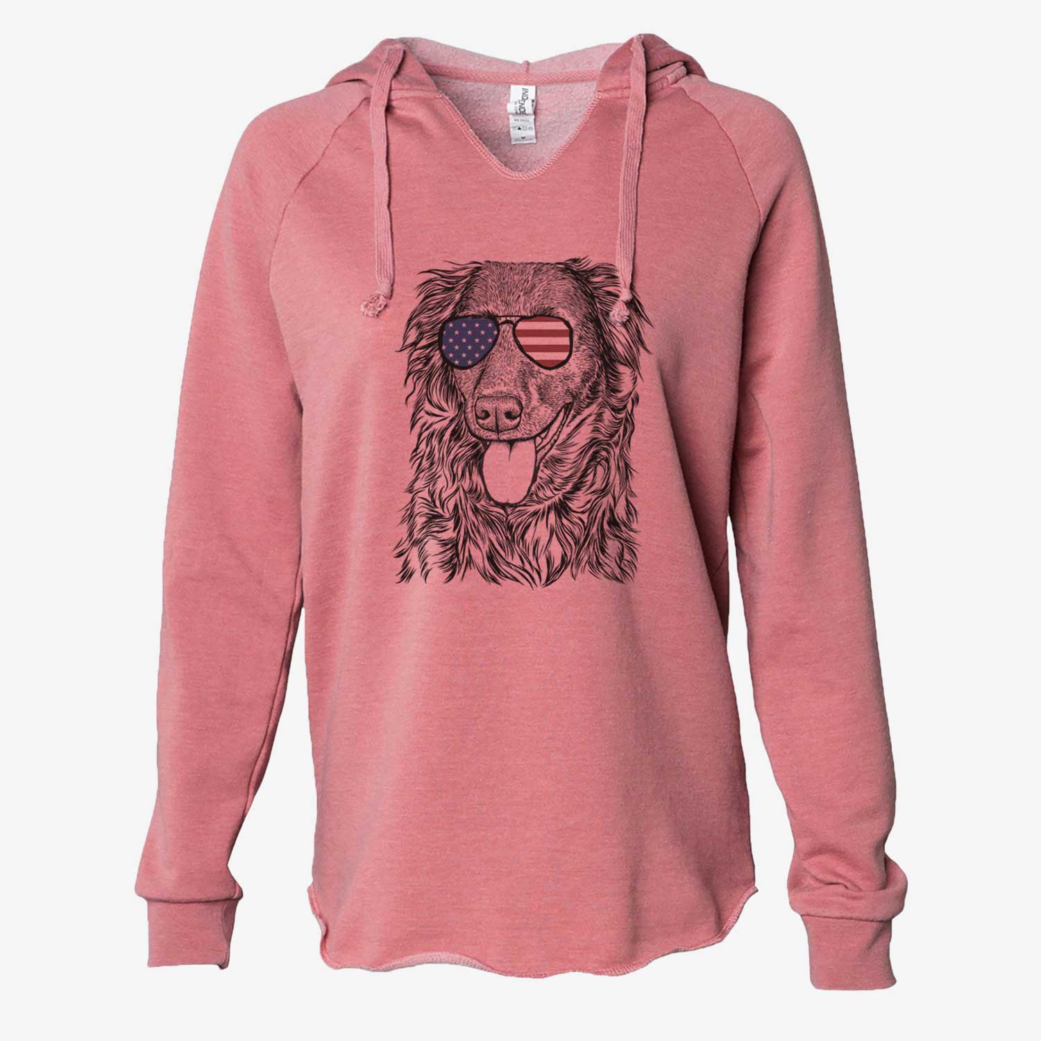 Hand-drawn sketch of Maisie Mae the Aussiedor wearing American flag sunglasses on a Dusty Rose Cali Wave Hooded Sweatshirt