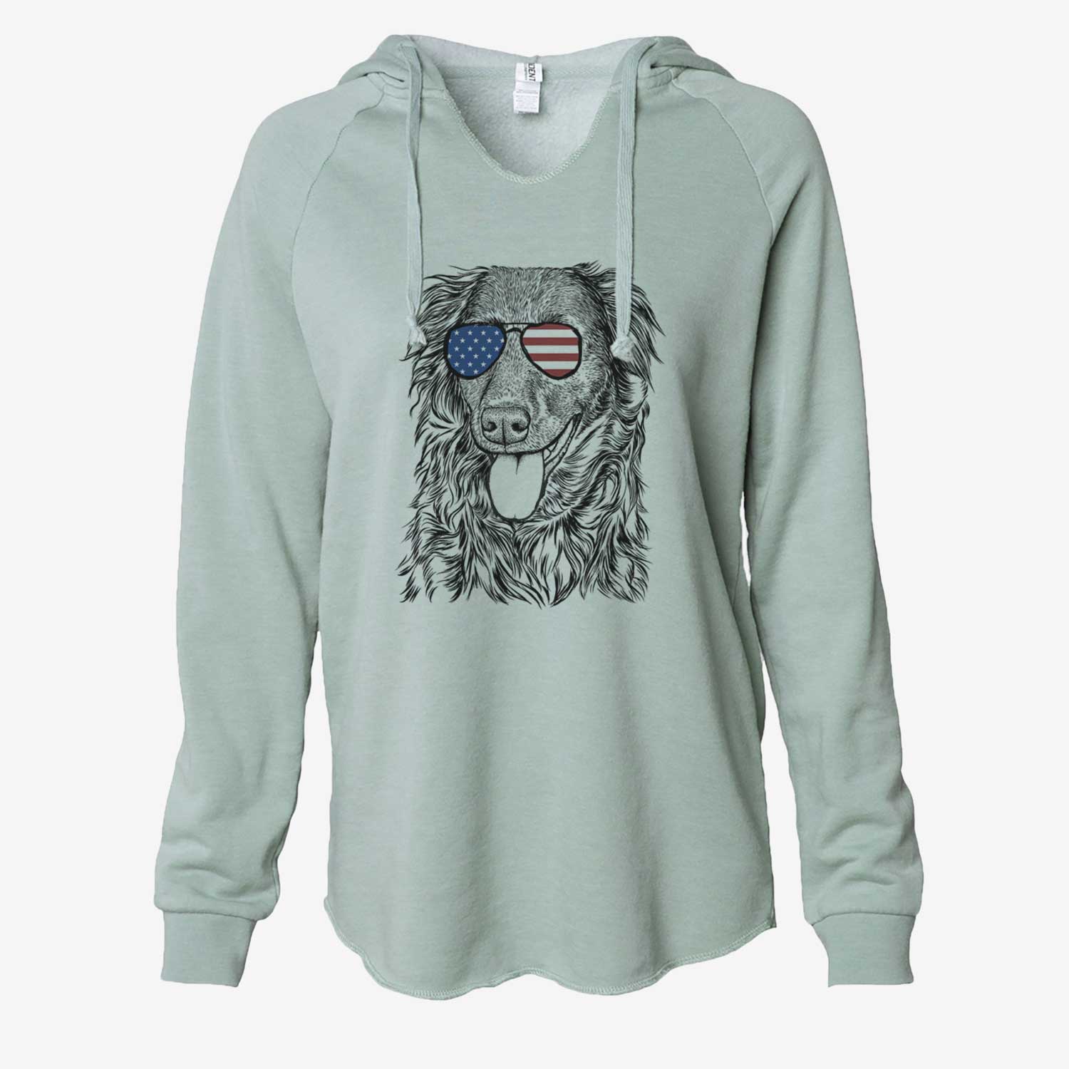 Hand-drawn sketch of Maisie Mae the Aussiedor wearing American flag sunglasses on a Sage Cali Wave Hooded Sweatshirt