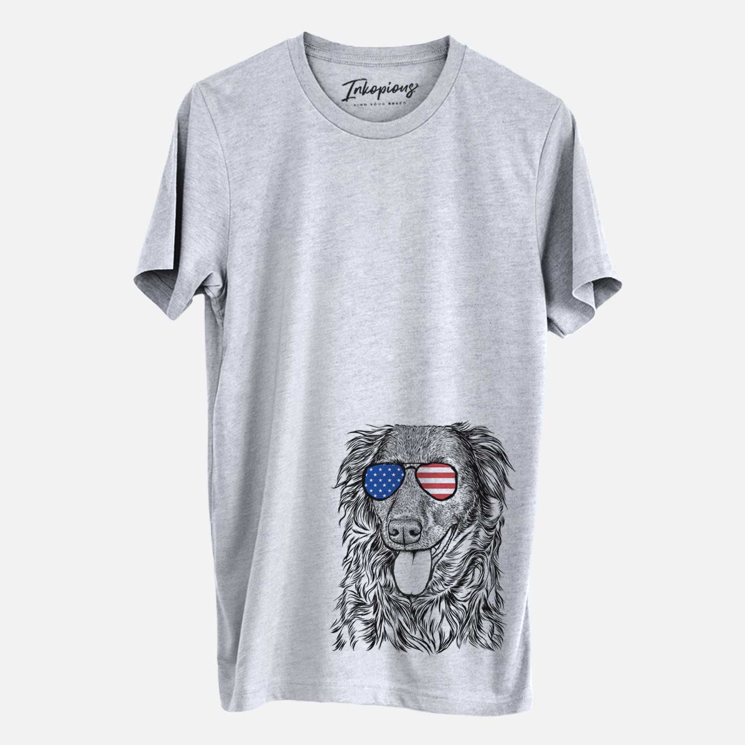 Hand-drawn sketch of Maisie Mae the Aussiedor wearing American flag sunglasses on a Grey Unisex crewneck