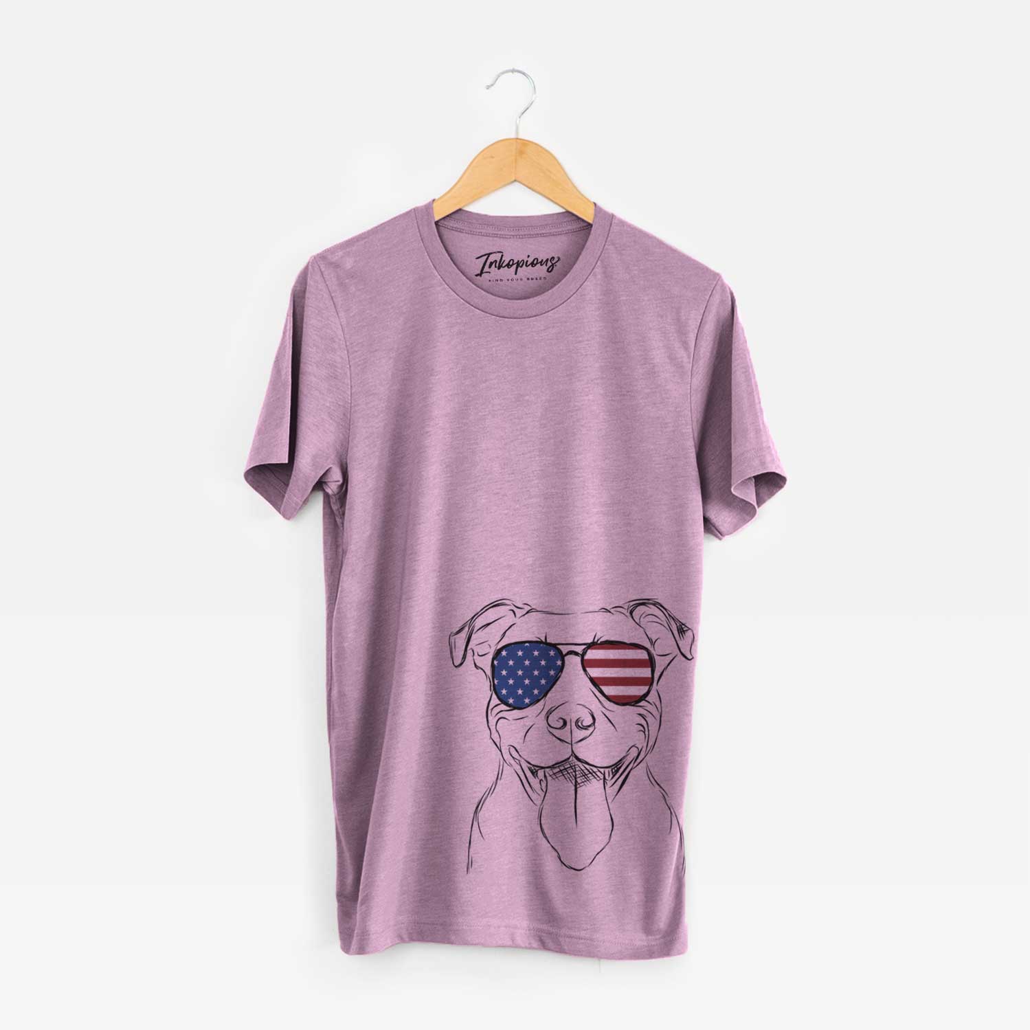 Hand-drawn sketch of Major the Pitbull wearing American flag sunglasses on an Orchid Unisex crewneck