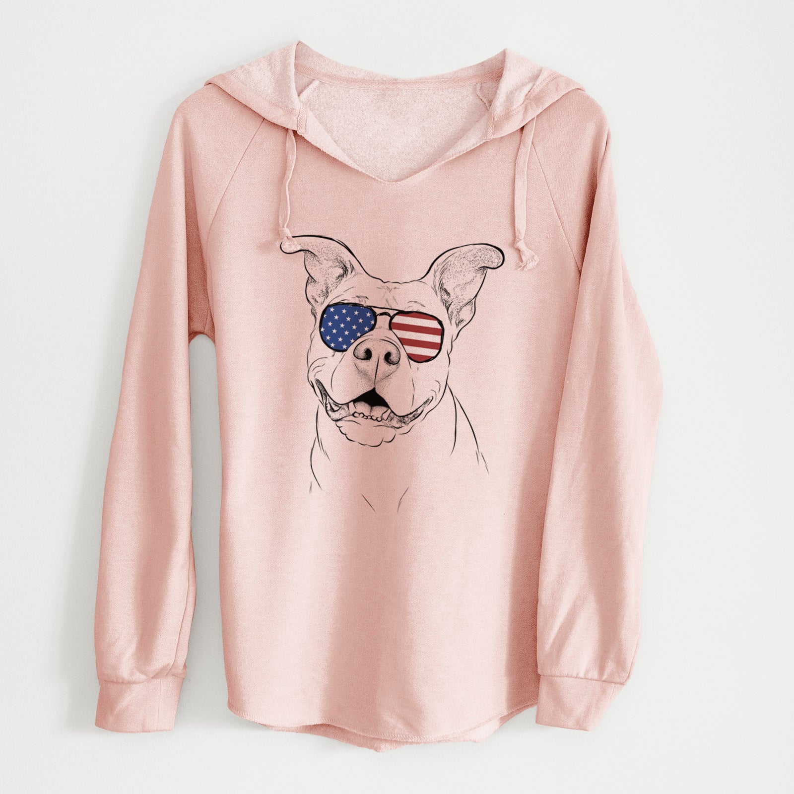 Hand-drawn sketch of Malibu the Staffordshire Terrier/Pitbull Mix wearing American flag sunglasses on a Blush Cali Wave Hooded Sweatshirt